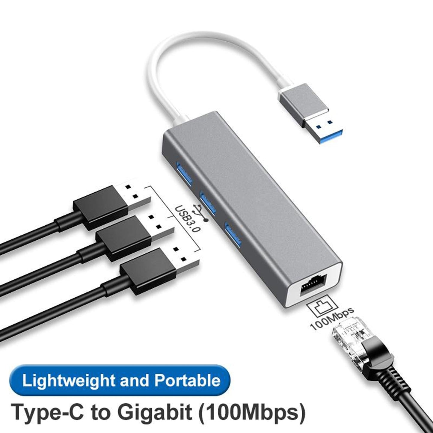 3-Port USB 3.0 Hub with Ethernet Supporting RJ45 10/100Mbps  gray