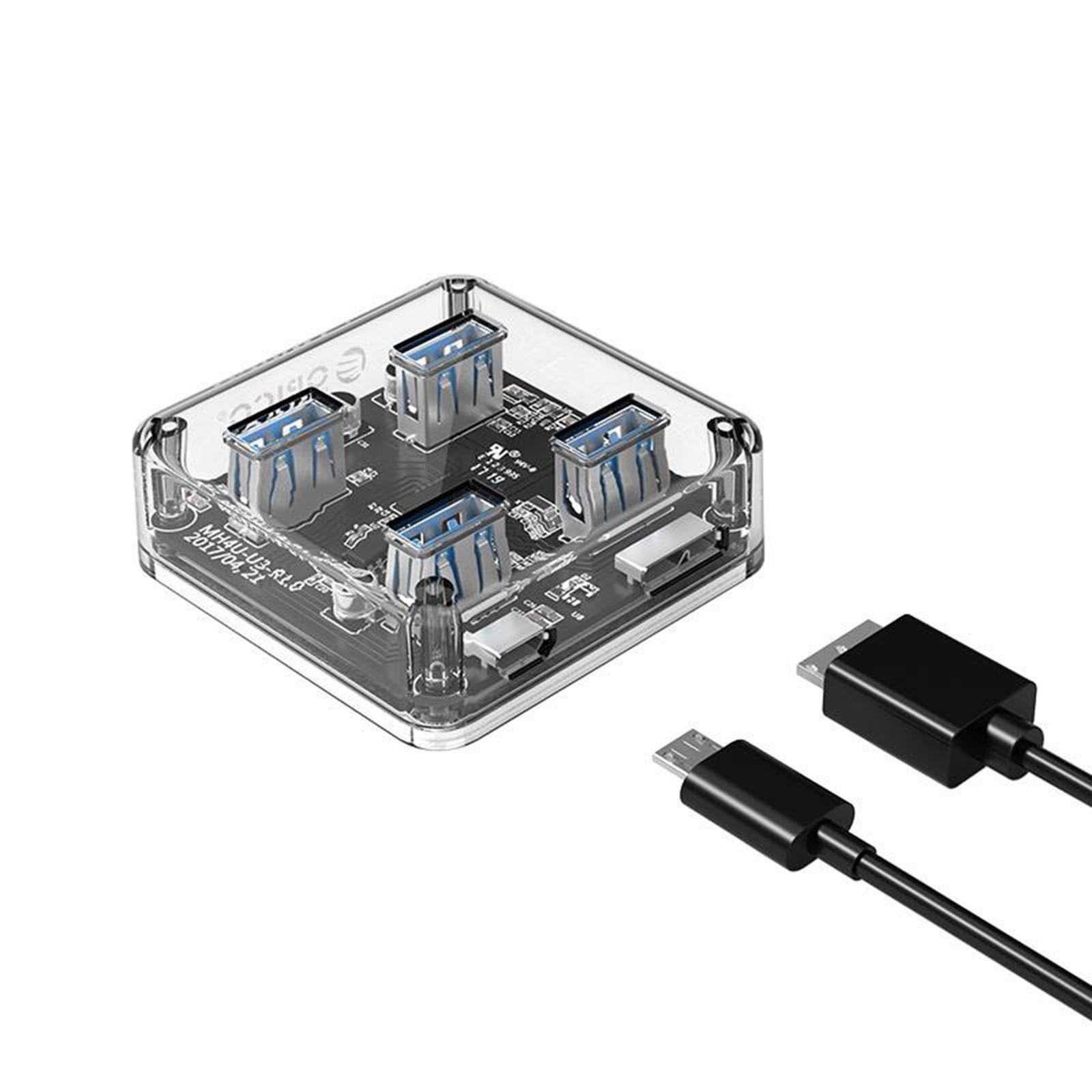 Transparent HUB 4 Ports USB3.0 Adapter Splitter USB Power Supply 100cm Cable