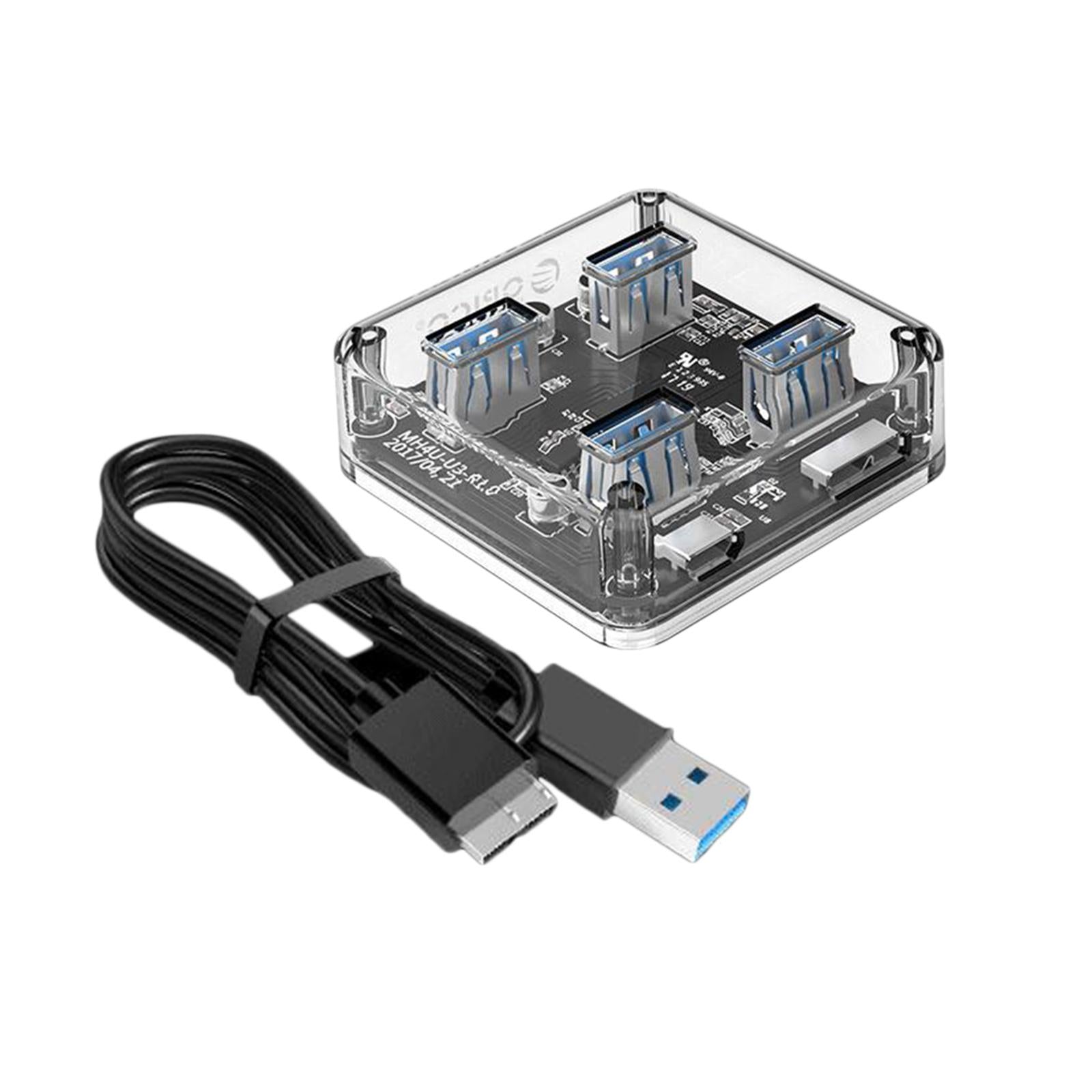 Transparent HUB 4 Ports USB3.0 Adapter Splitter USB Power Supply 100cm Cable