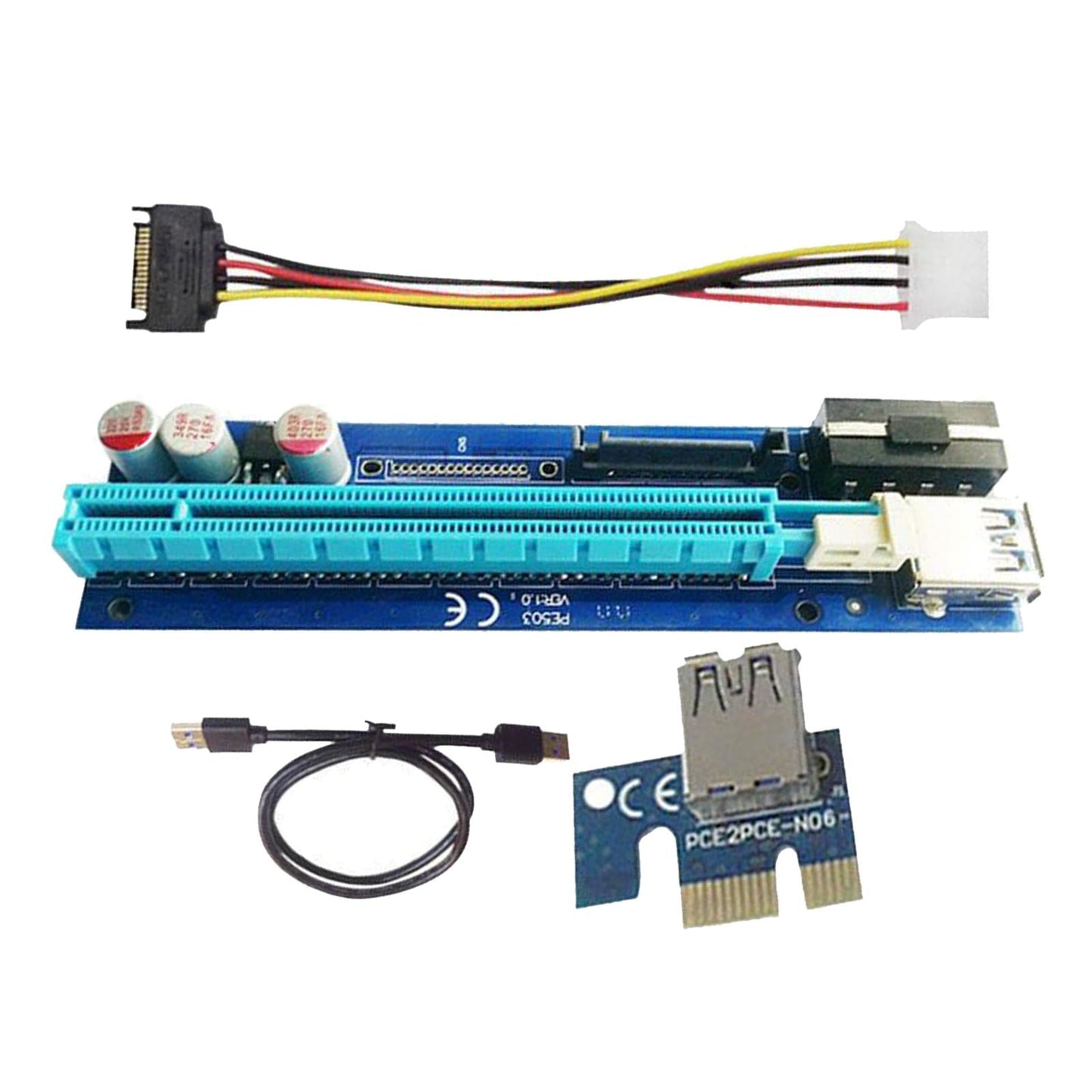 PE503 PCI-E Riser Card 4PIN+SATA PCIE 1X 16X 60CM Cable for Bitcoin Miner
