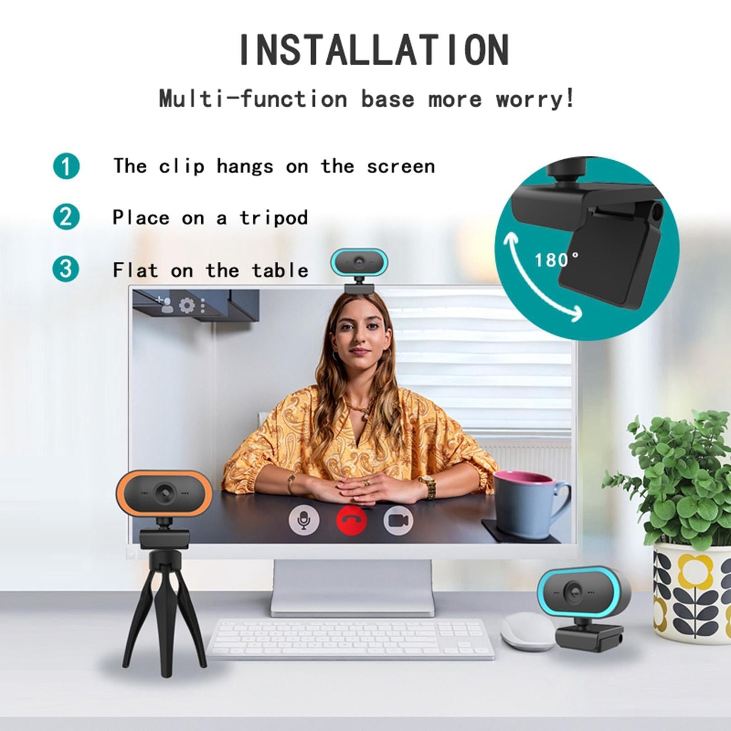 2K HD Webcam Built-in microphone Plug&Play Video Calling Recording Orange