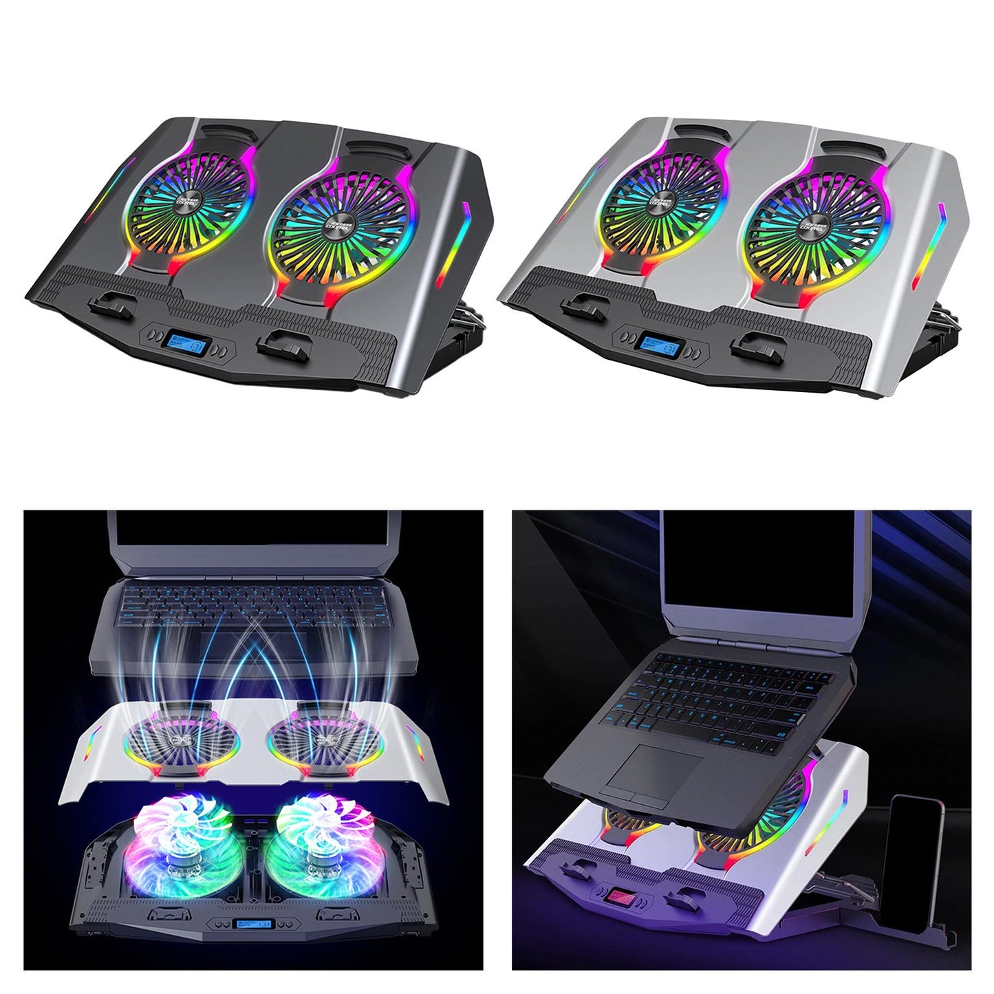 Laptop Cooler Cooling Pad Stand Adjustable Fan For Game PC Notebook Grey