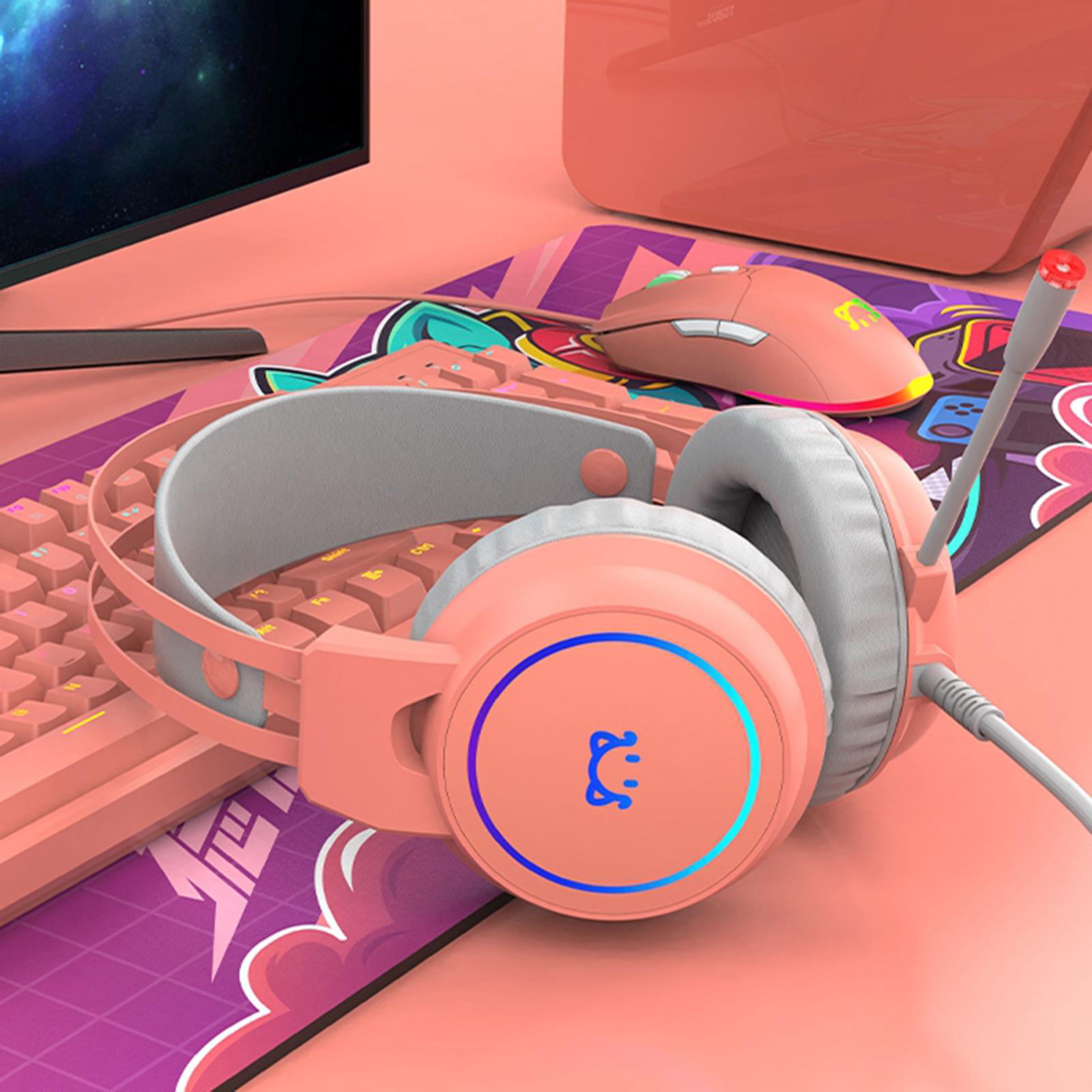 LED Gaming Headphones Wired Earphones 50mm Drive 2.2m Cable Pink USB