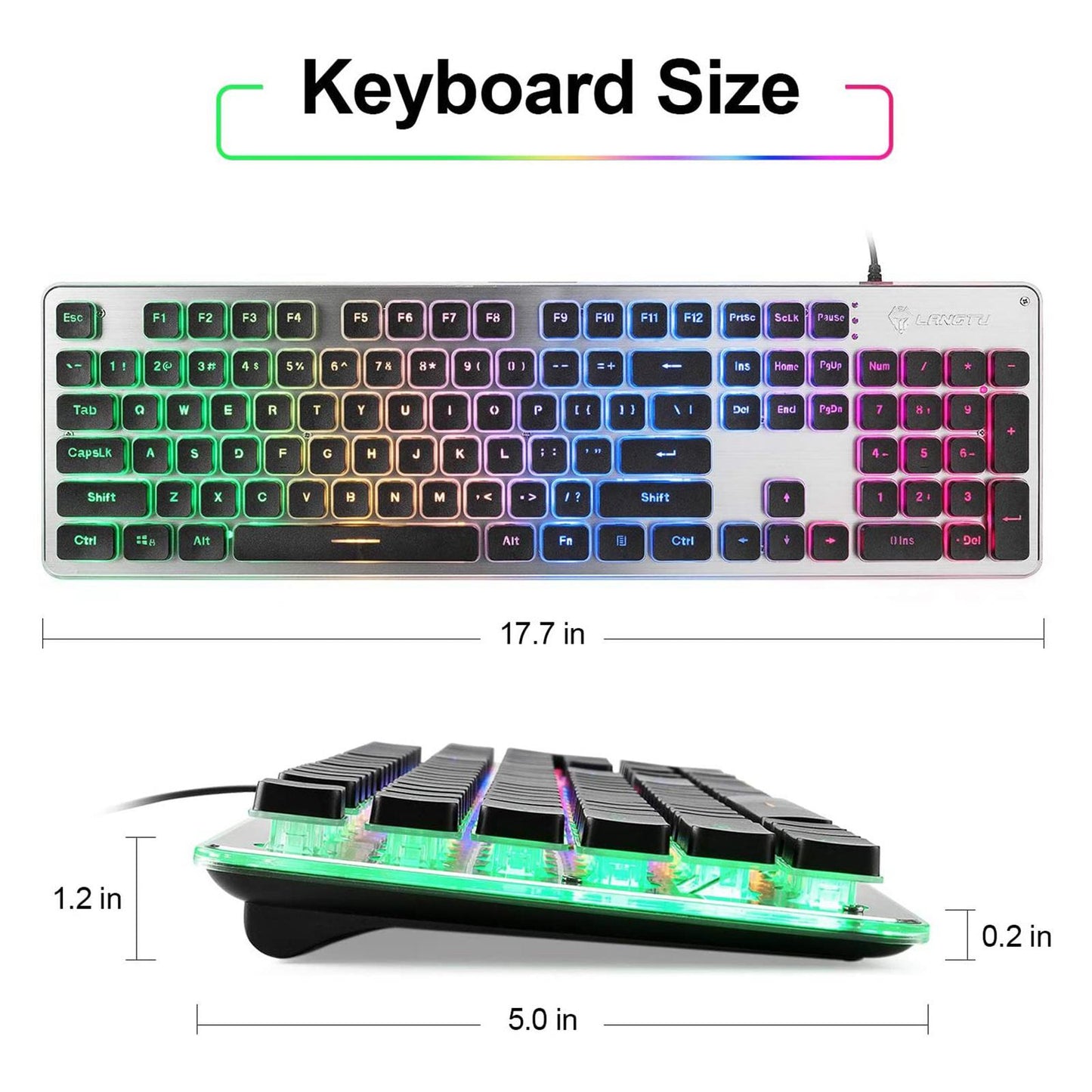 Membrane Gaming Keyboard All-Metal Panel Keyboard  Black rainbow  light
