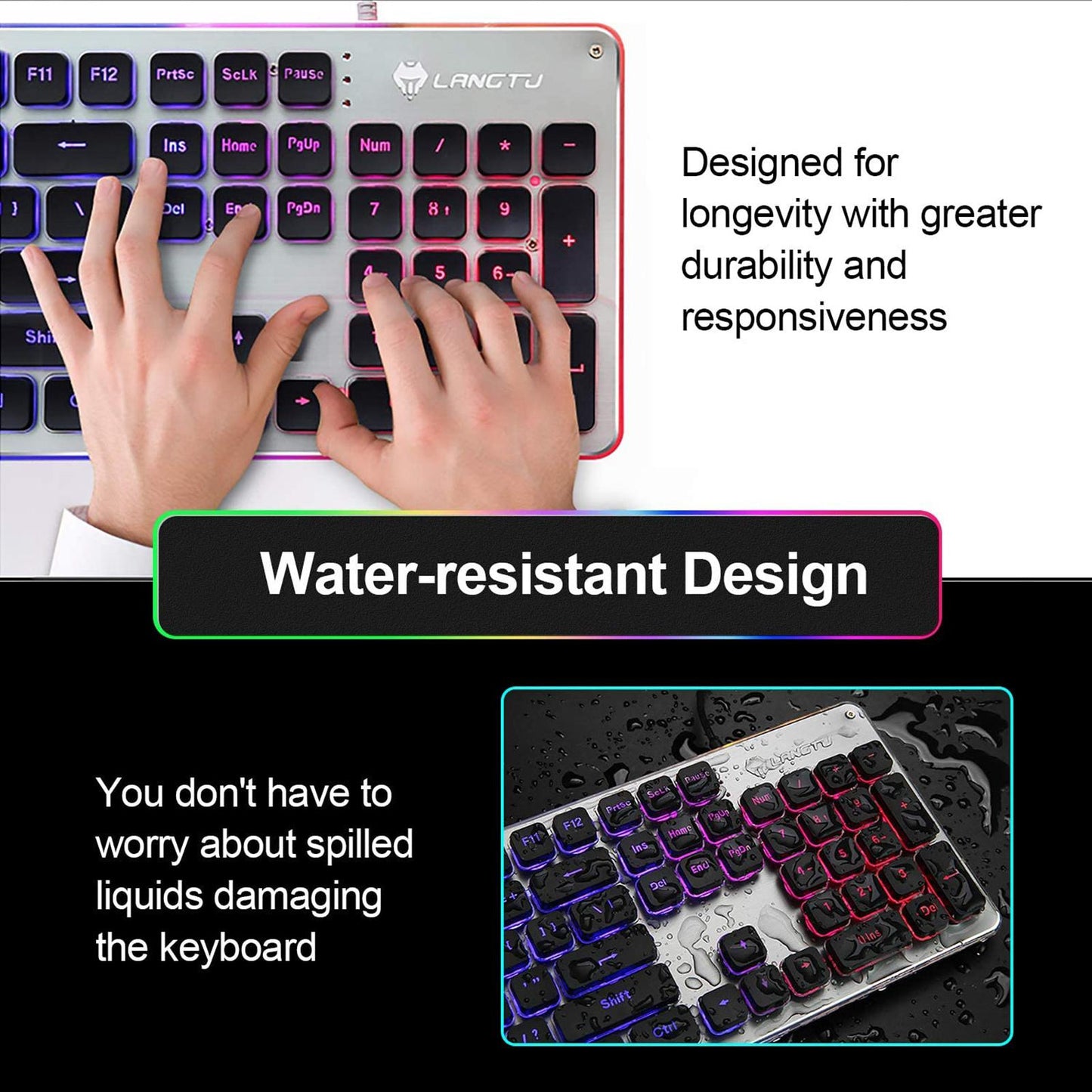 Membrane Gaming Keyboard All-Metal Panel Keyboard  Black rainbow  light