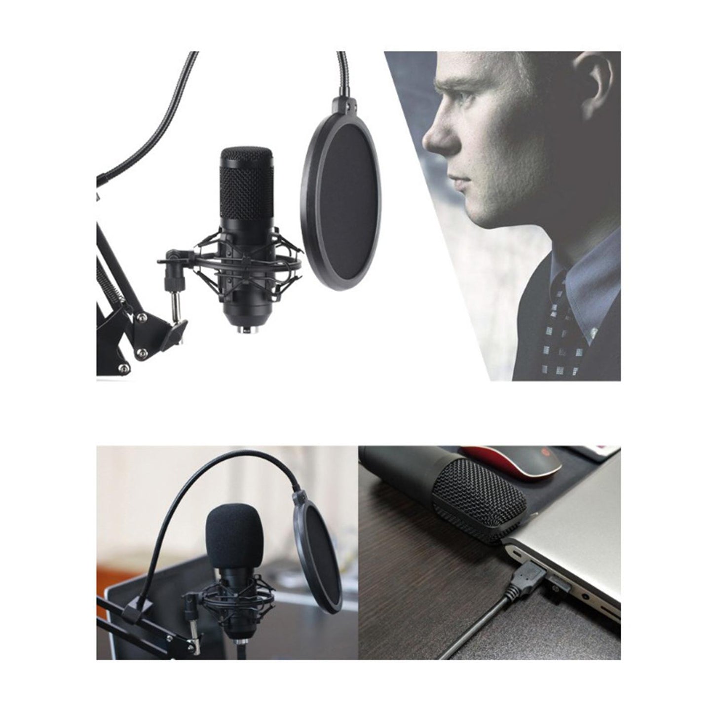 USB Condenser Microphone Kit w/Shock Mount Pop Filter Kit  Black BM800