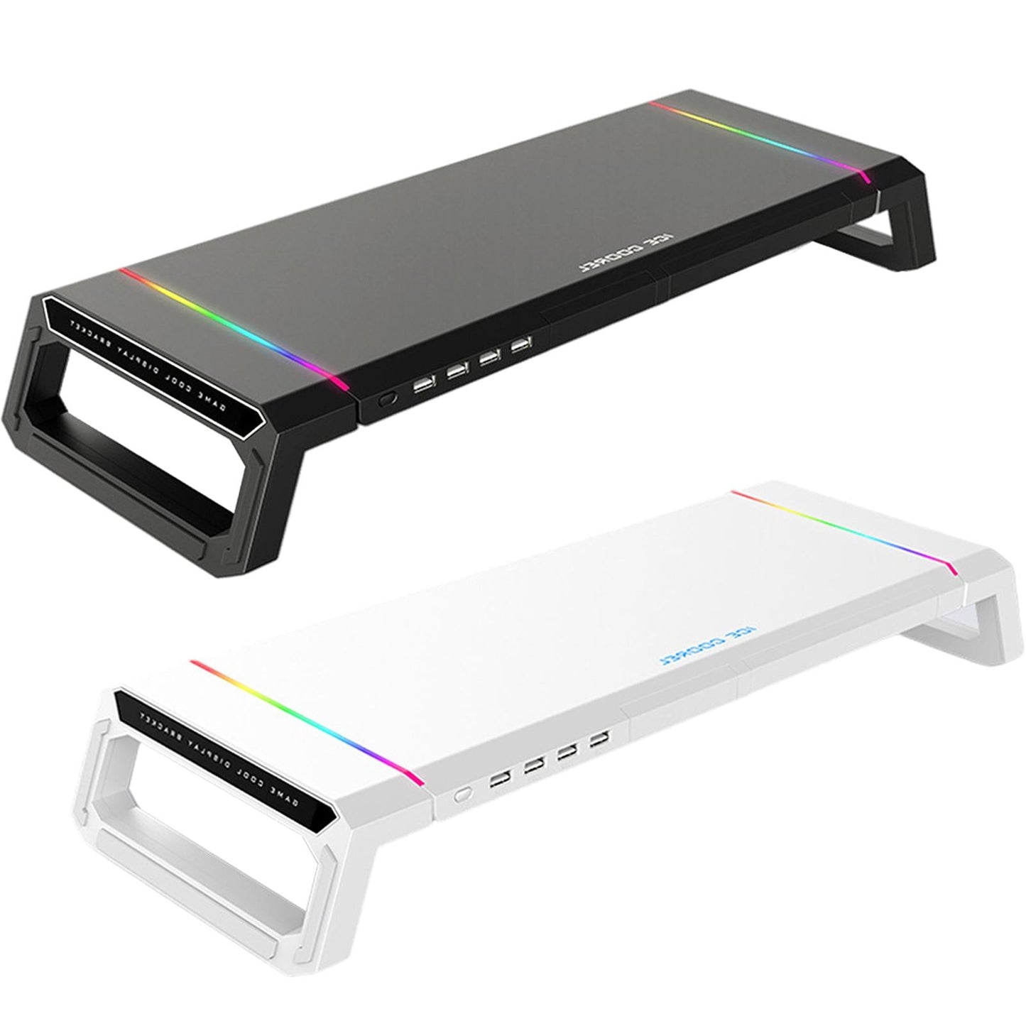 Aluminum Computer Monitor Stand Riser Bracket RGB 4 USB Desk Organizer White