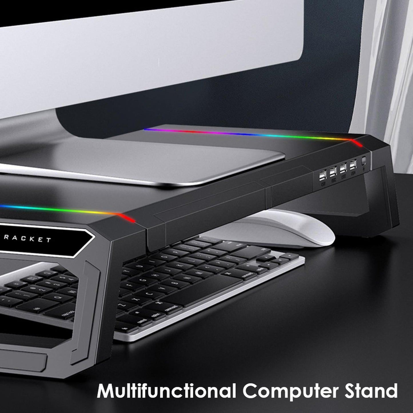 Aluminum Computer Monitor Stand Riser Bracket RGB 4 USB Desk Organizer Black