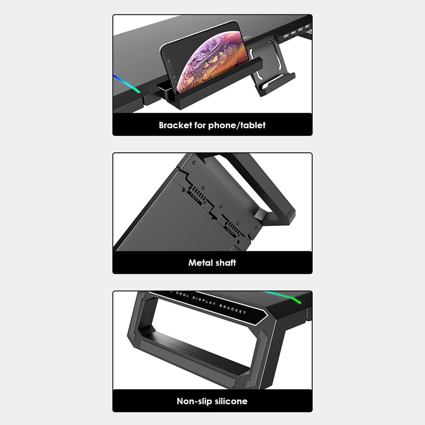 Aluminum Computer Monitor Stand Riser Bracket RGB 4 USB Desk Organizer Black