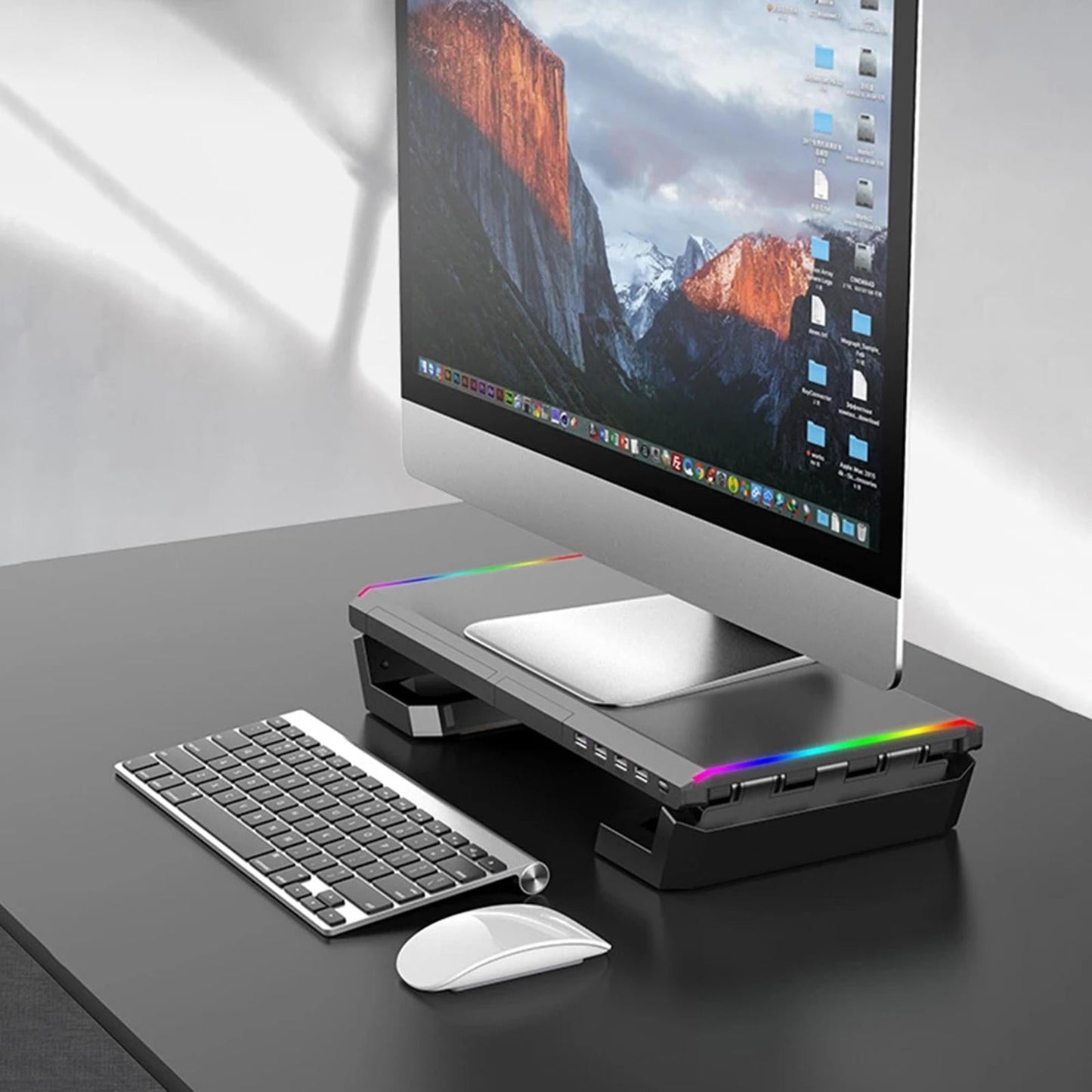 Aluminum Computer Monitor Stand Riser Bracket RGB 4 USB Desk Organizer Black