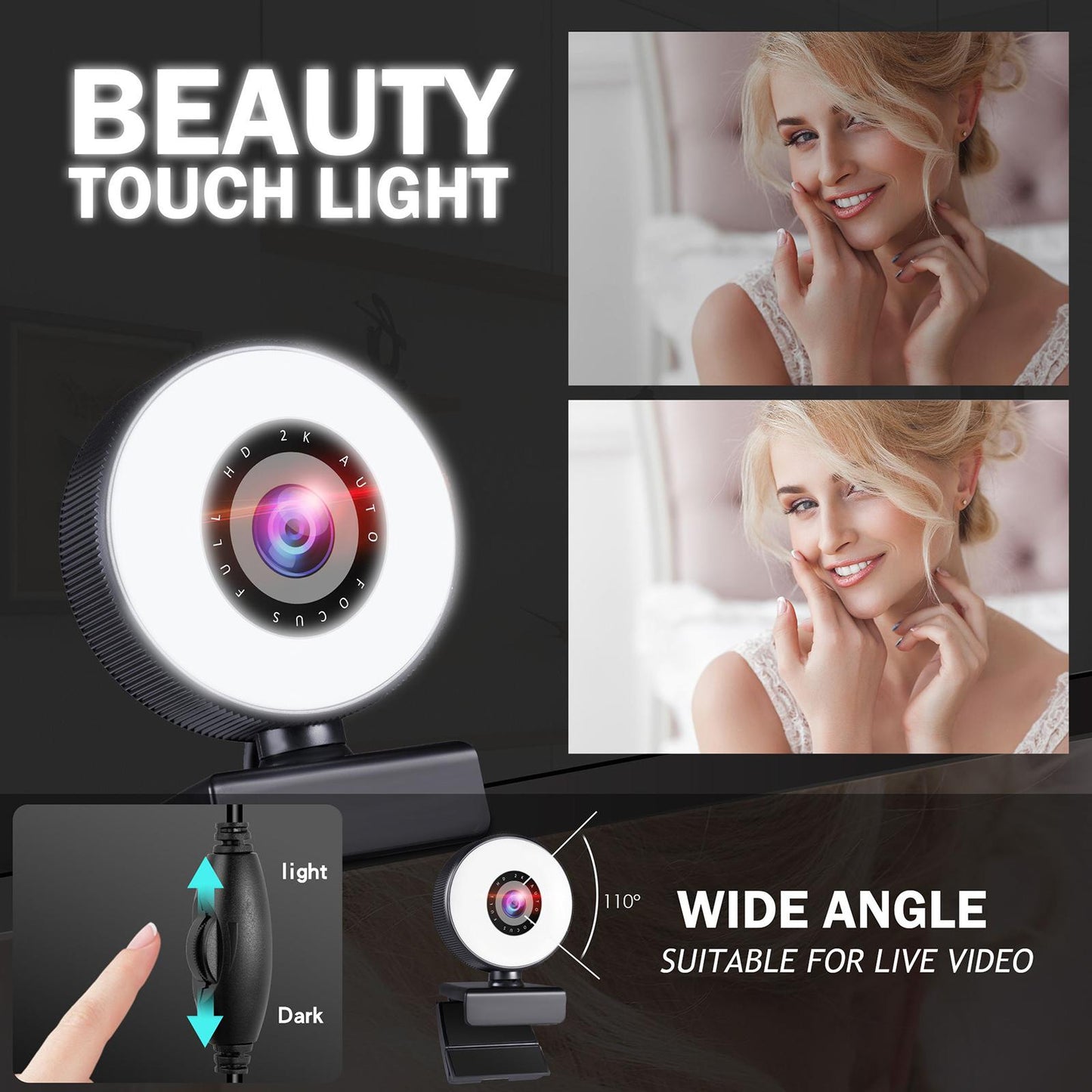 Webcam with 3 Light Modes Microphone and Tripod for Gaming Streaming PC 2k