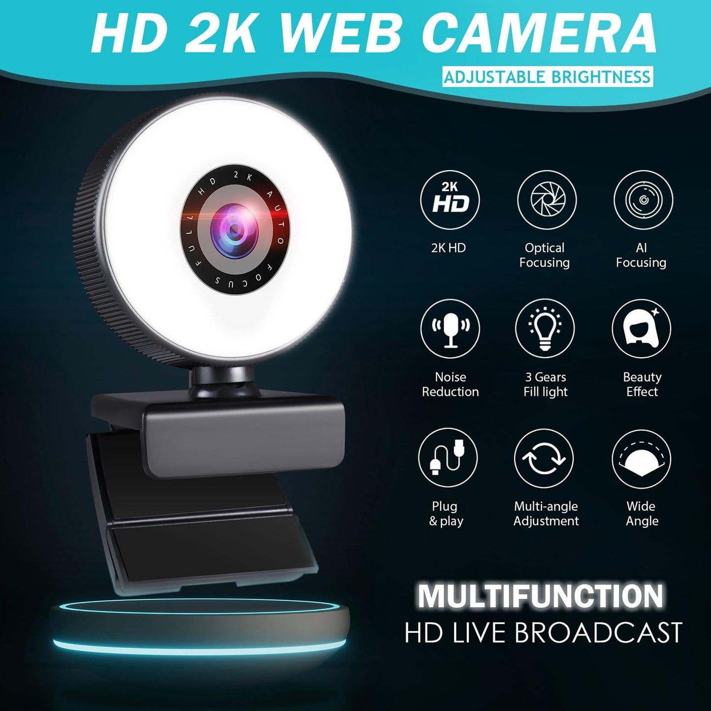 Webcam with 3 Light Modes Microphone and Tripod for Gaming Streaming PC 2k