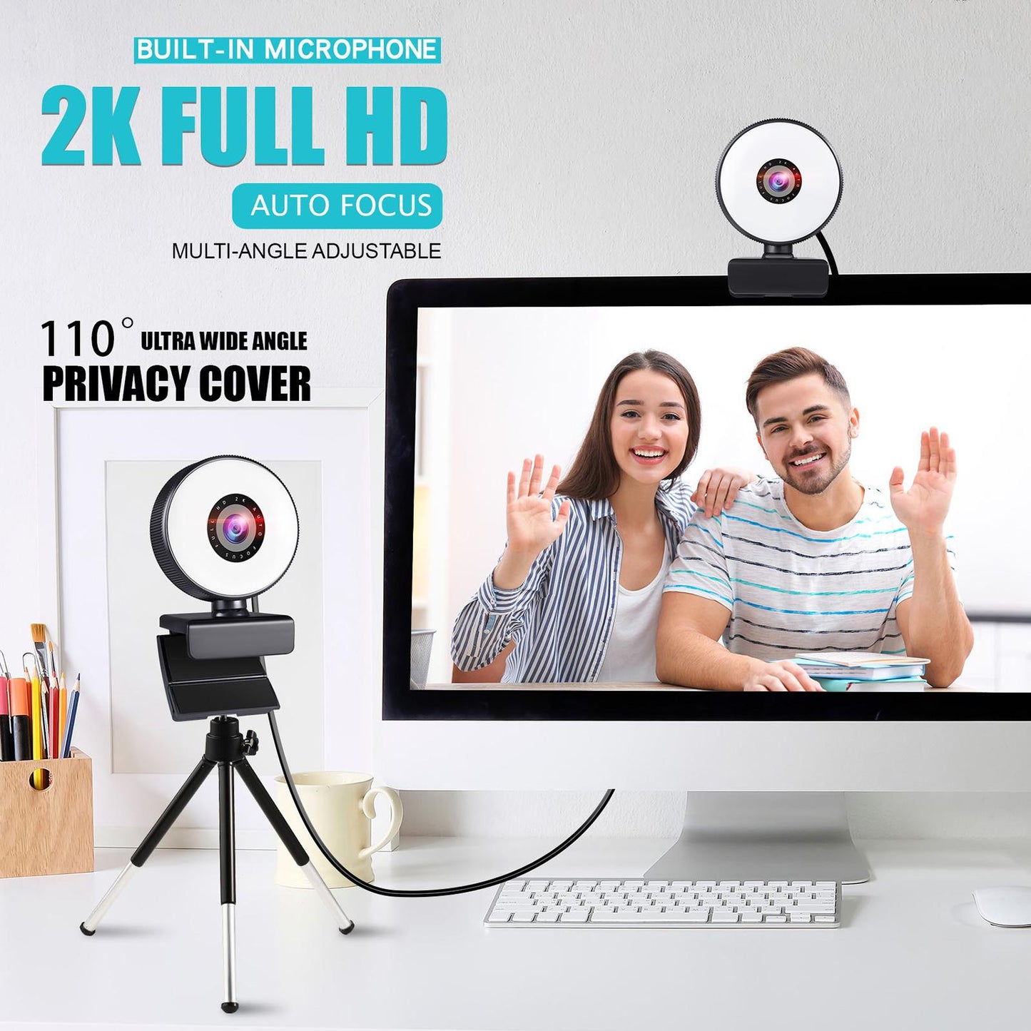 Webcam with 3 Light Modes Microphone and Tripod for Gaming Streaming PC 2k