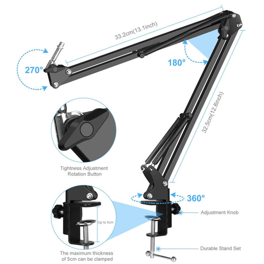 Condenser Microphone Kit Studio Suspension Boom Scissor Arm Stands Silver