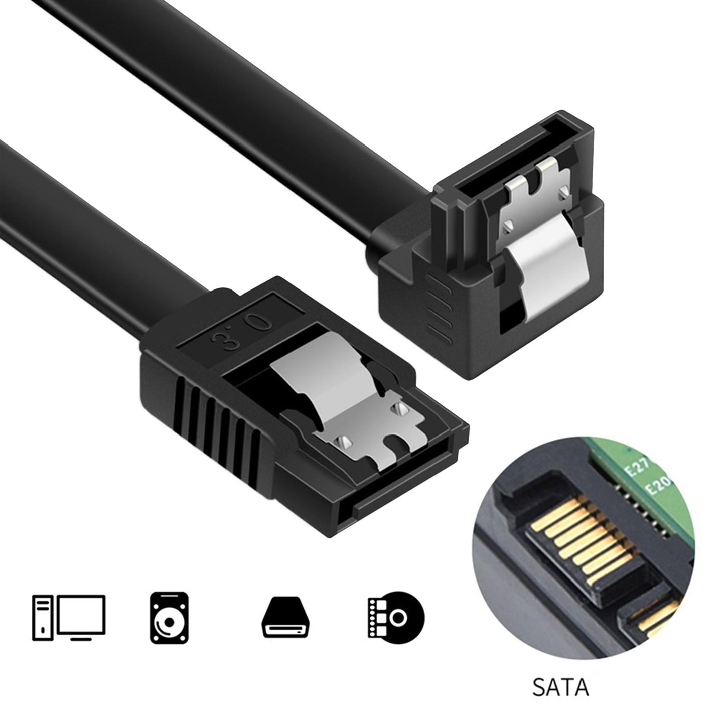 SATA Cable III 3.0 Flat Data Cable 100cm for HDD SDD Black Elbow