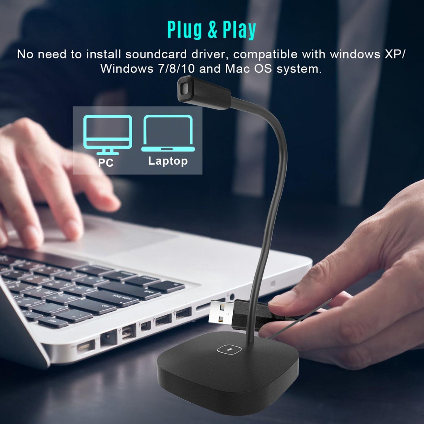 USB Desktop Computer Microphone Plug & Play for Gaming Dictation White