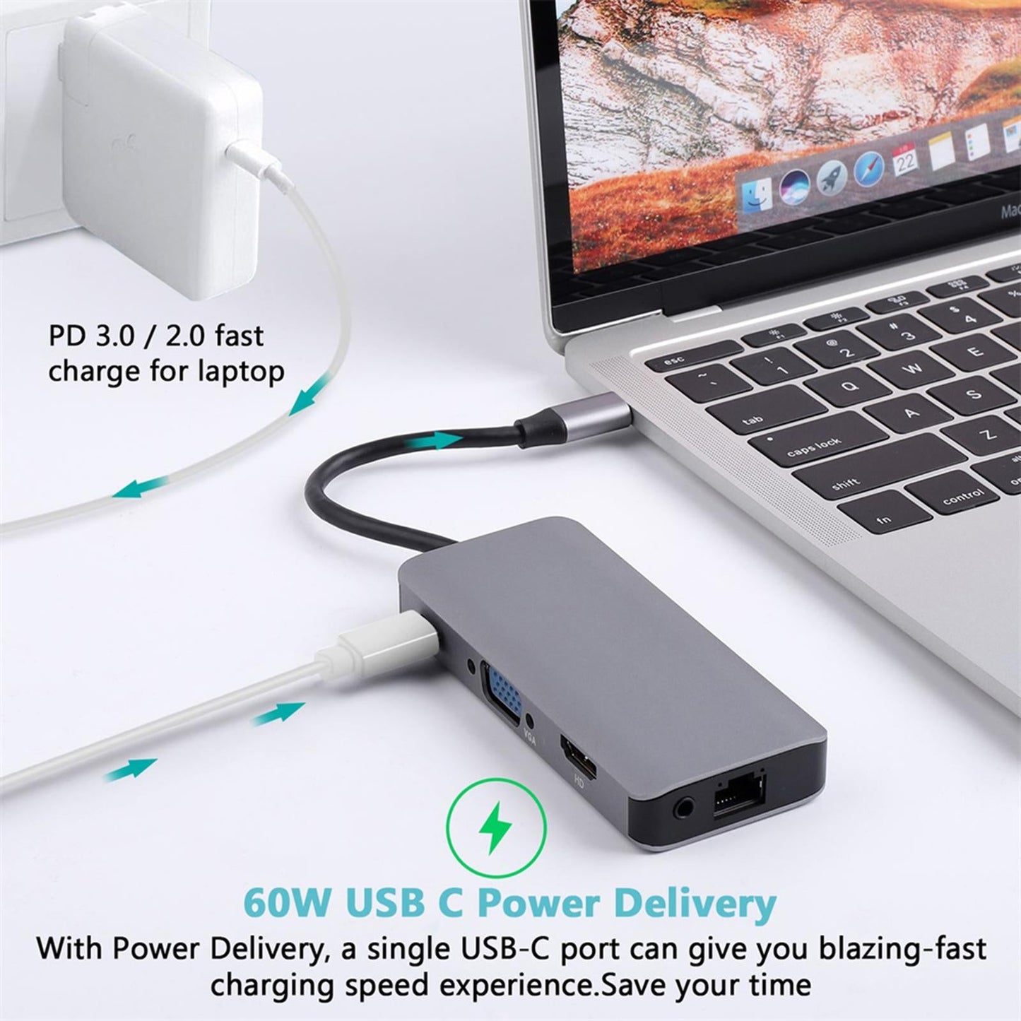 9 in 1 USB C Hub Multiport Adapter 2 USB 3.0 Ports for MacBook Pro Air XPS