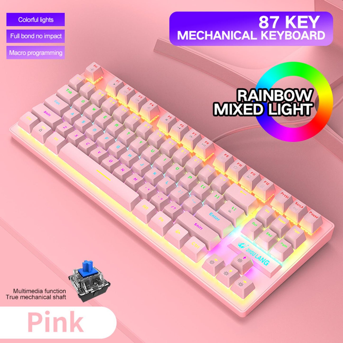 Wired Mechanical Gaming Keyboard Rainbow Backlit Windows Gamer 87 keys pink