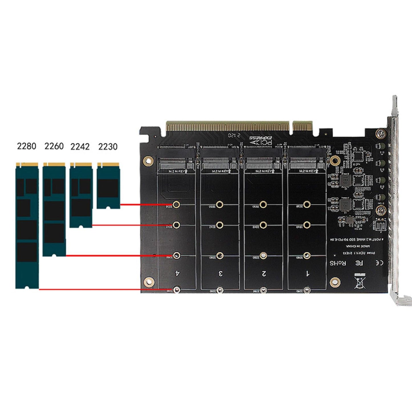 4 Ports PCIe to M.2 NVME Adapter M Key For Desktop PCI-e M.2 NVMe SSD 2240