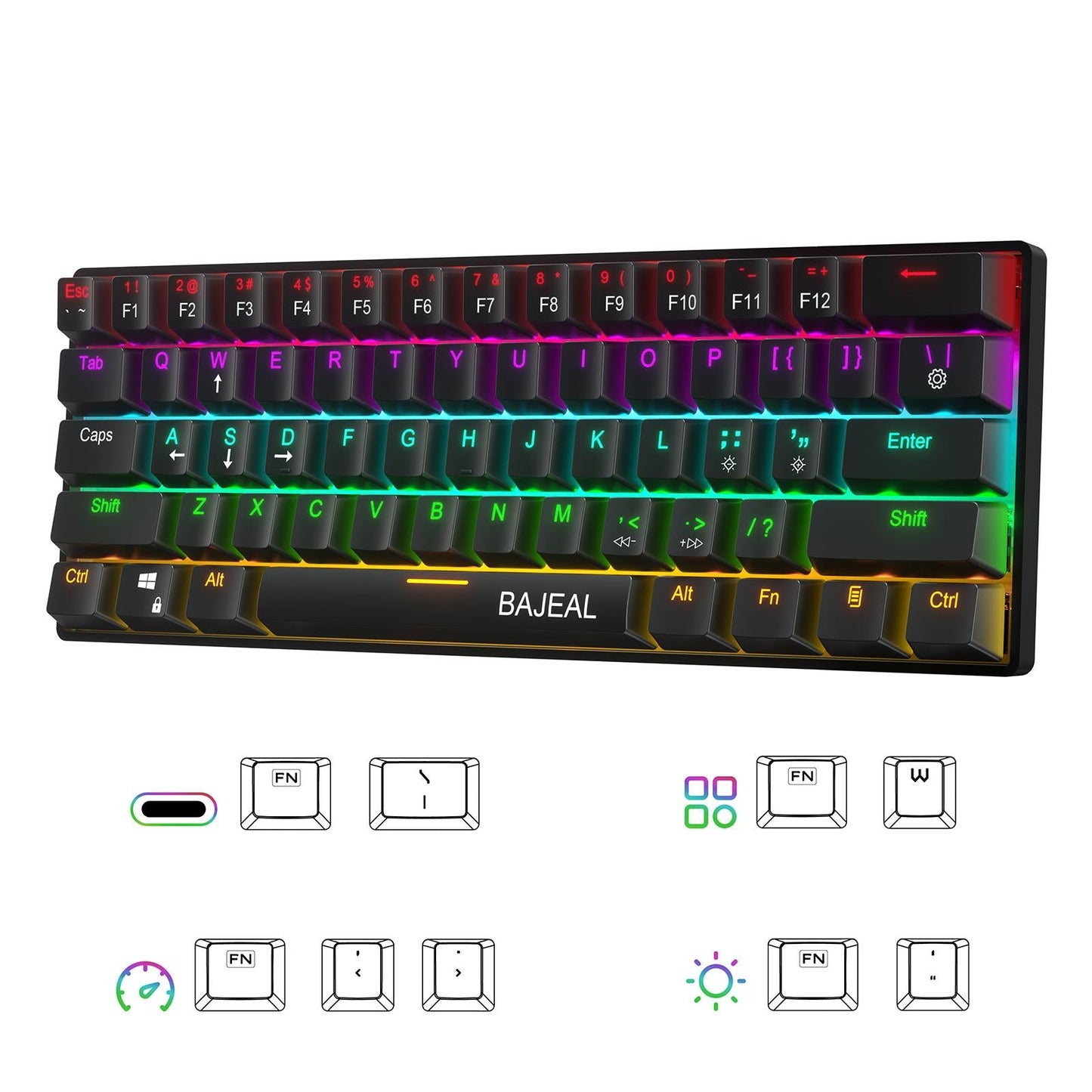 61key Green Axis RGB Illuminated Type-C USB Wired Mechanical Gaming Keyboard