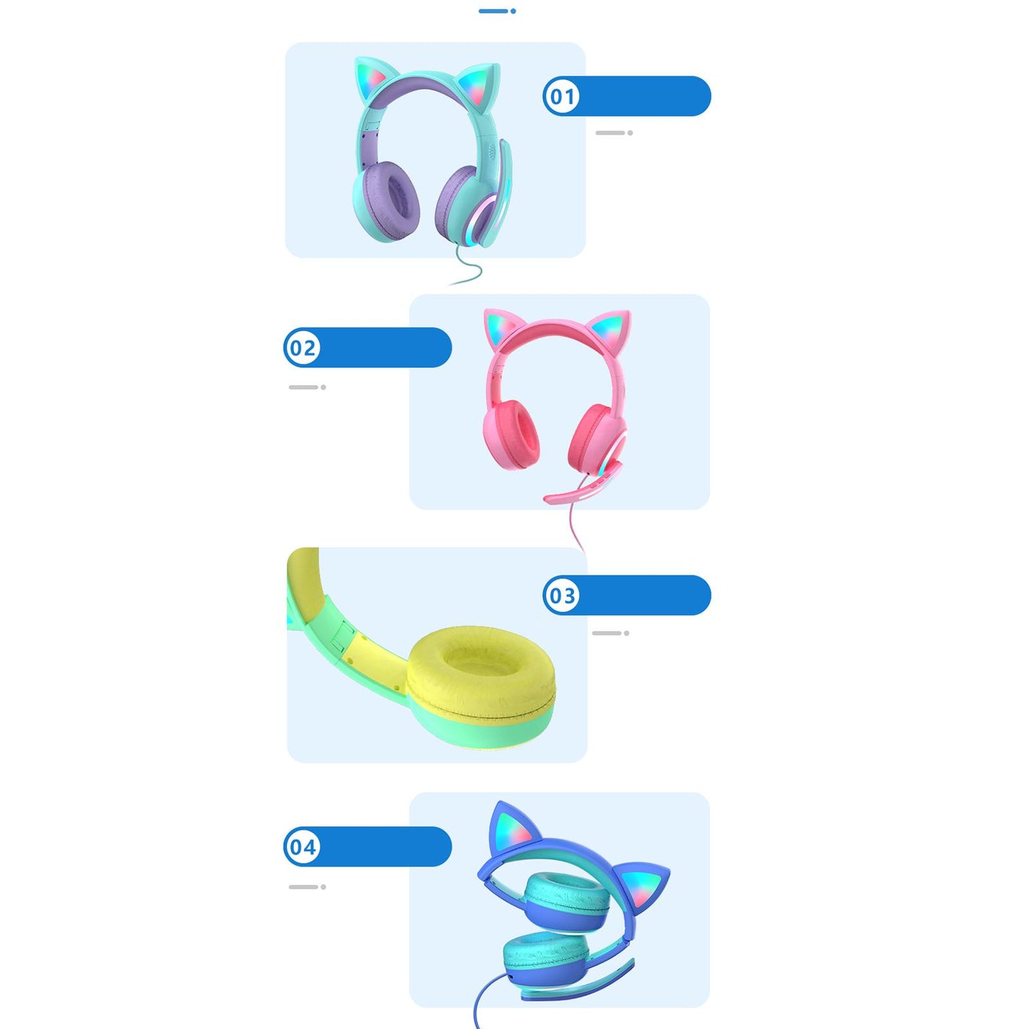 Kid LED Fashion Cute Cat Ear Headphones On-Ear Headsets with Mic Foldable Wired Dark Blue