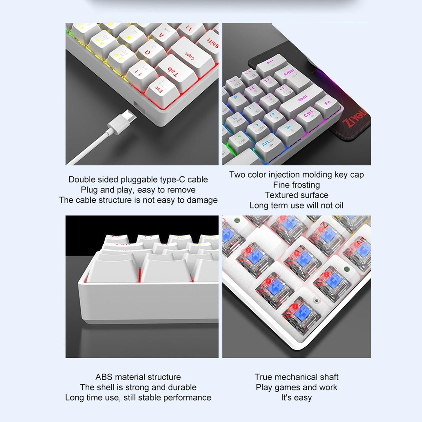 Wired 62Keys Mechanical Gaming Keyboard Backlit for Gaming Typing  white Red switch