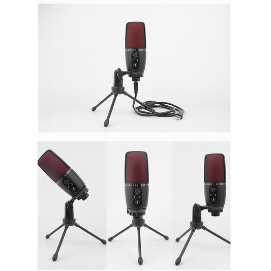 Portable USB Audio Condenser Microphone with Tripod for Computer Red LED