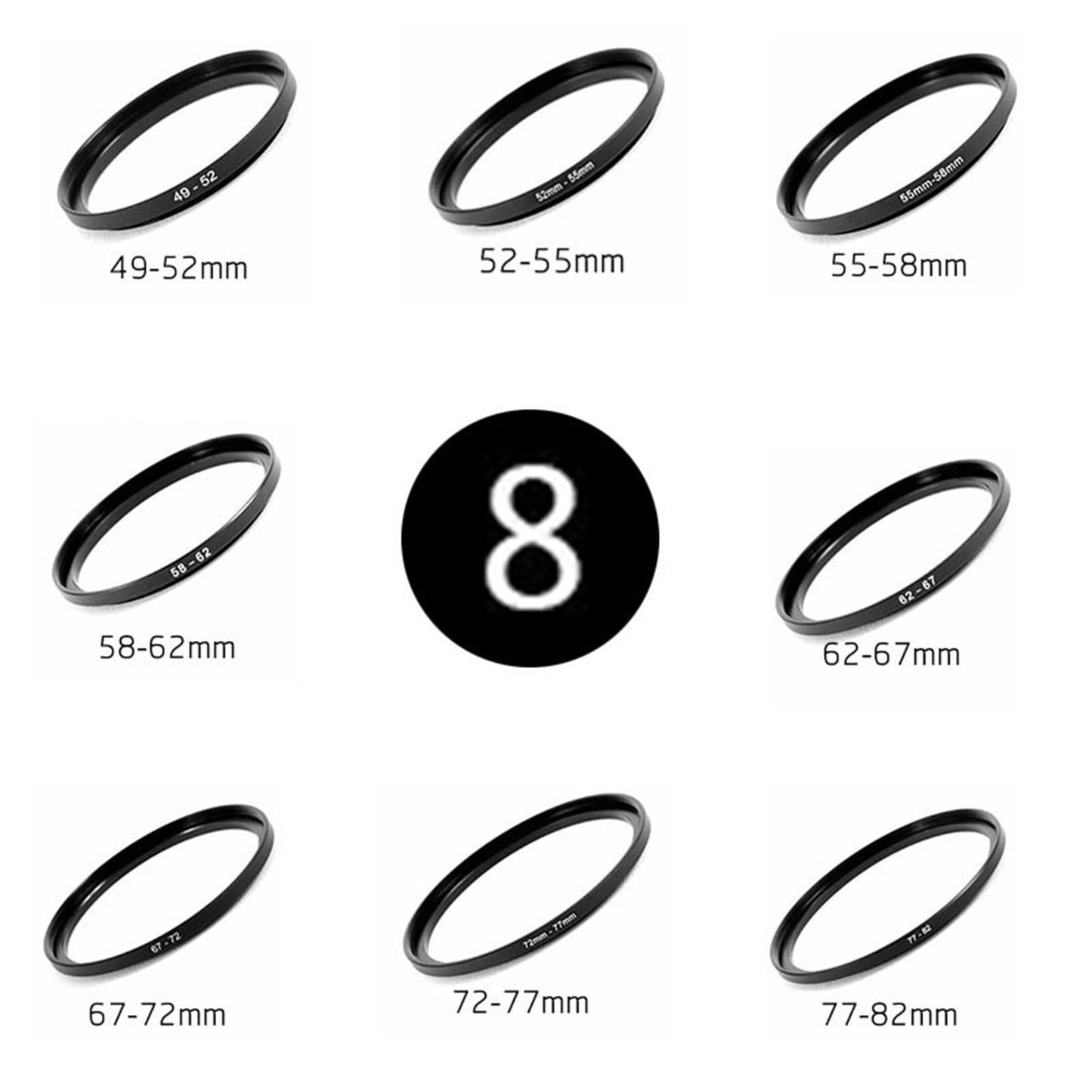 8 Pieces Stepping Down Rings Lens Adapter Filter Set Easy Install Durable