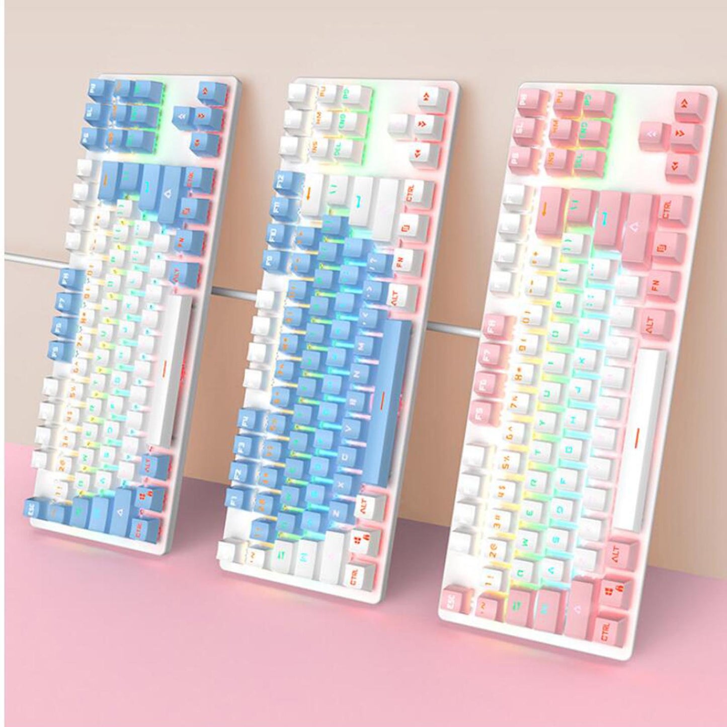 USB 87 Keys Blue Axis Cute Wired Gaming Keyboard Quiet Design White+blue