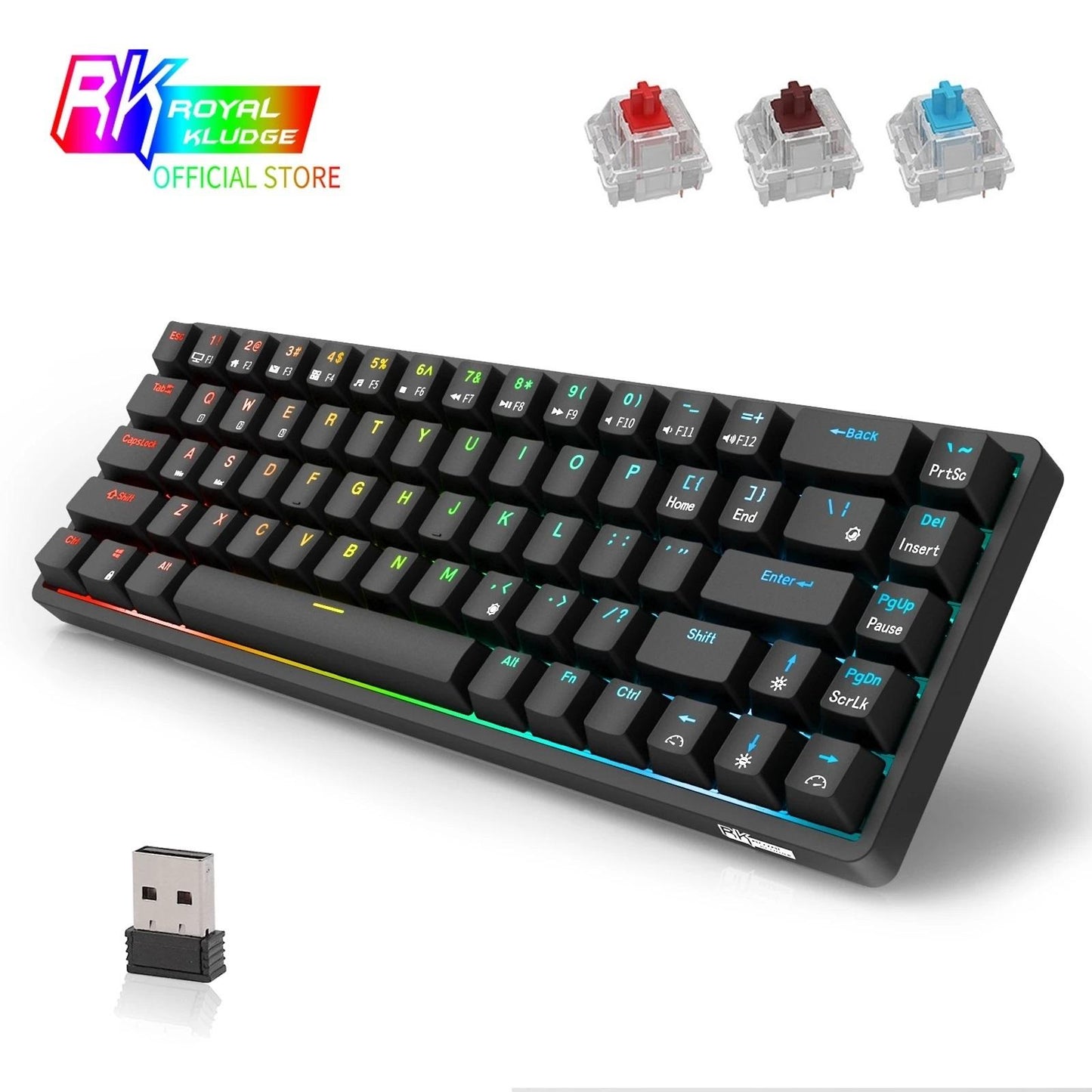 2.4Ghz 68-Key Gaming Keyboard Wireless RGB for Computers Black  Blue Switch