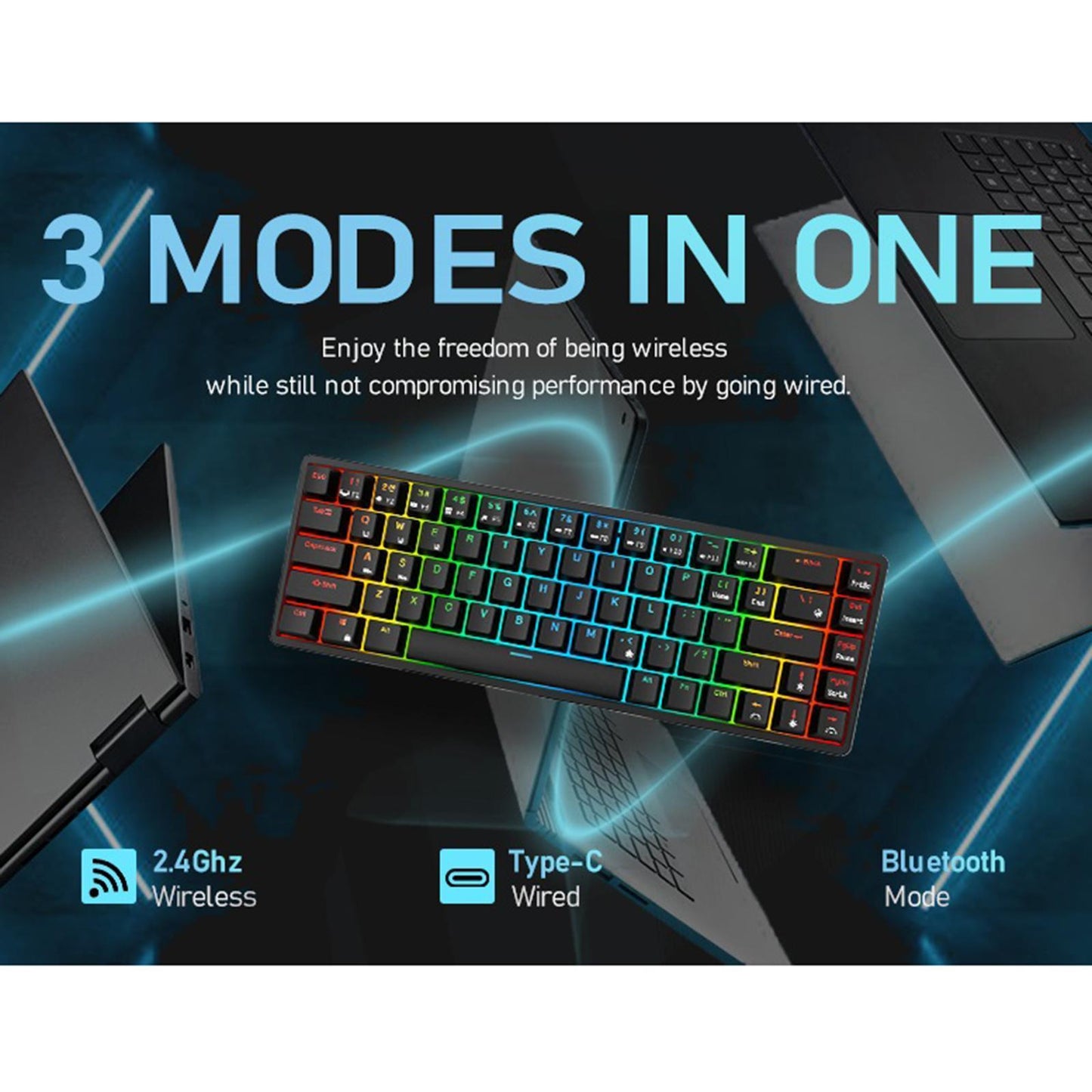 2.4Ghz 68-Key Gaming Keyboard Wireless RGB for Computers Black  Red Switch