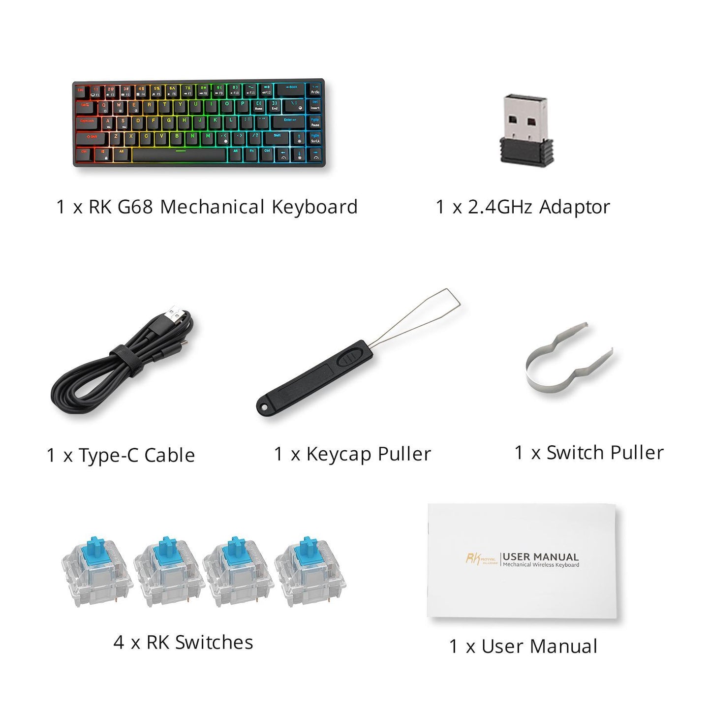 2.4Ghz 68-Key Gaming Keyboard Wireless RGB for Computers Black  Red Switch
