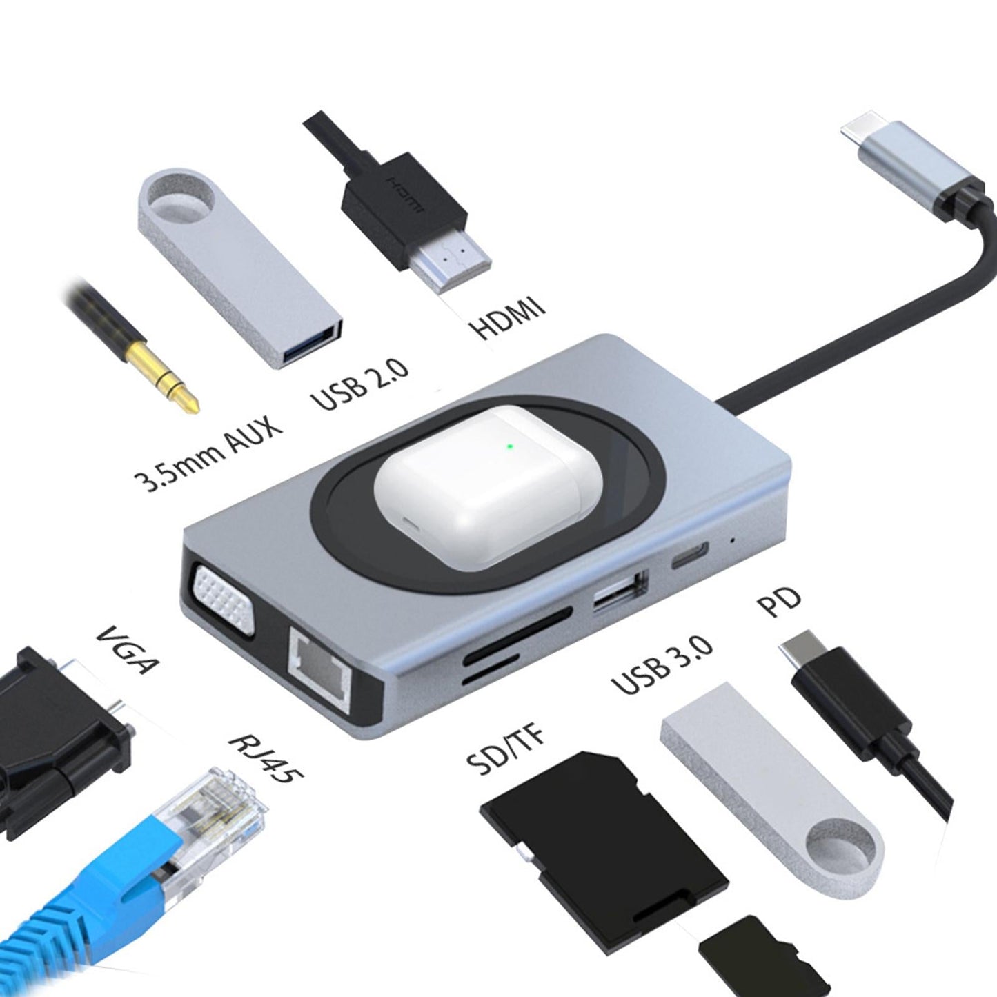 Type-C Docking Station HDMI Adapter 100W PD Type-C Data Transfer 3.5mm Audio