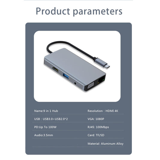 Portable USB C Hub Multi-Port Type-C To HDMI 9 in 1 USB 2.0 for MacBook Pro