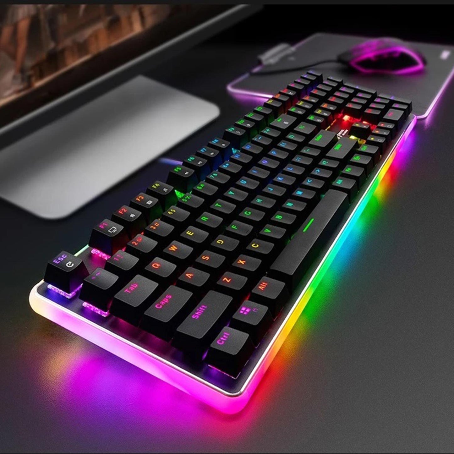 Mechanical Keyboard USB Wired 108 Keys with RGB Backlight for Computer PC Black Switch Black