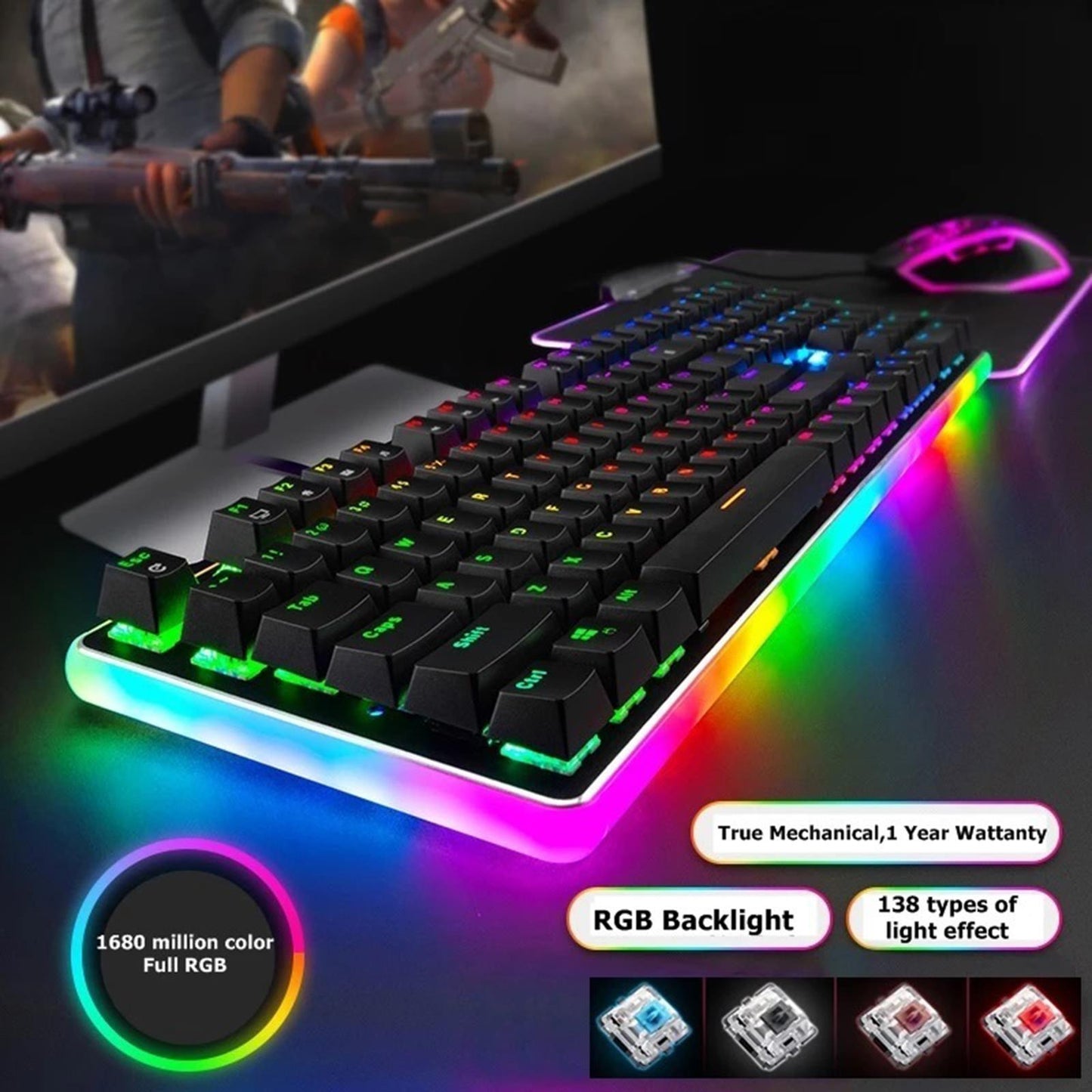 Mechanical Keyboard USB Wired 108 Keys with RGB Backlight for Computer PC Brown Switch Black