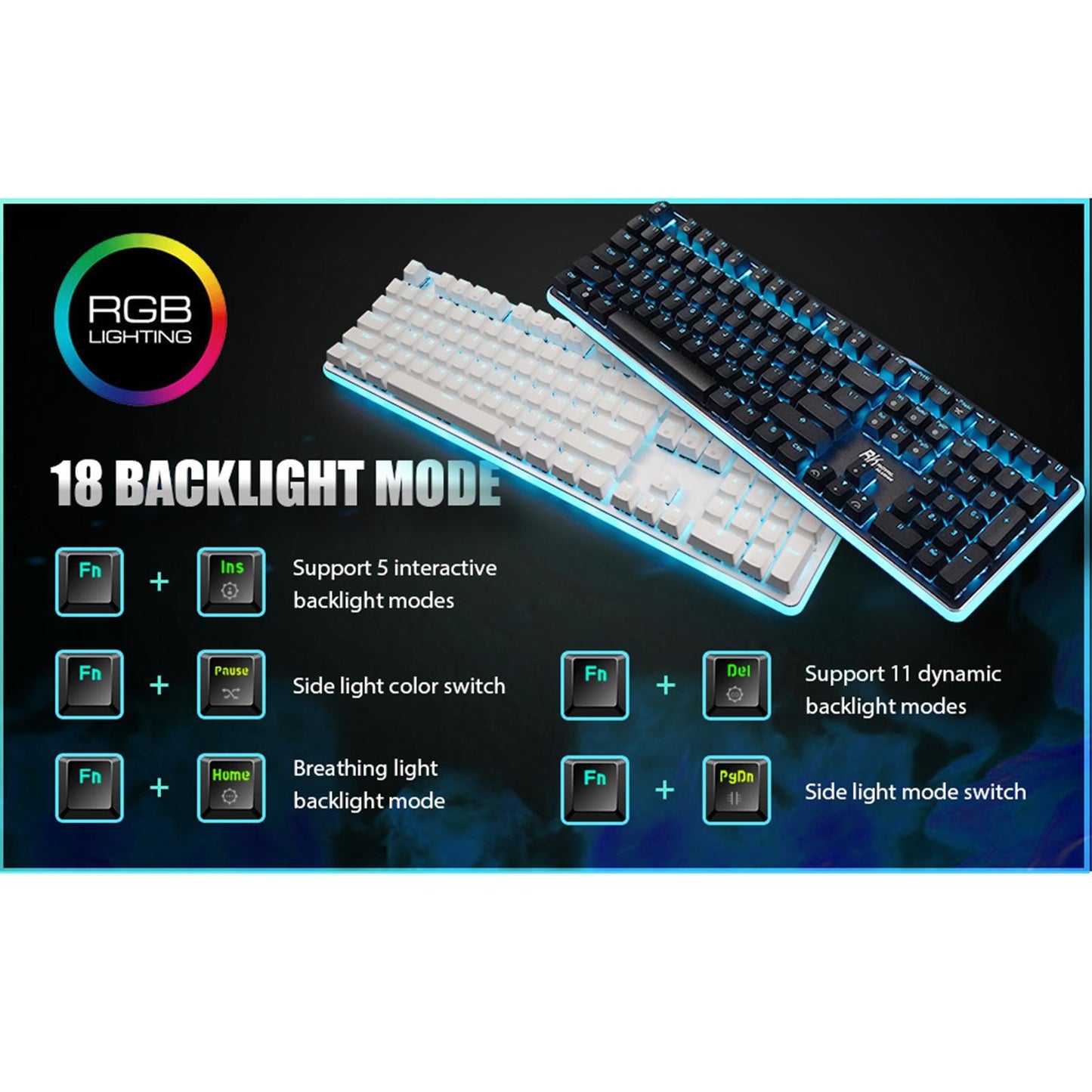 Mechanical Keyboard USB Wired 108 Keys with RGB Backlight for Computer PC Blue Switch White
