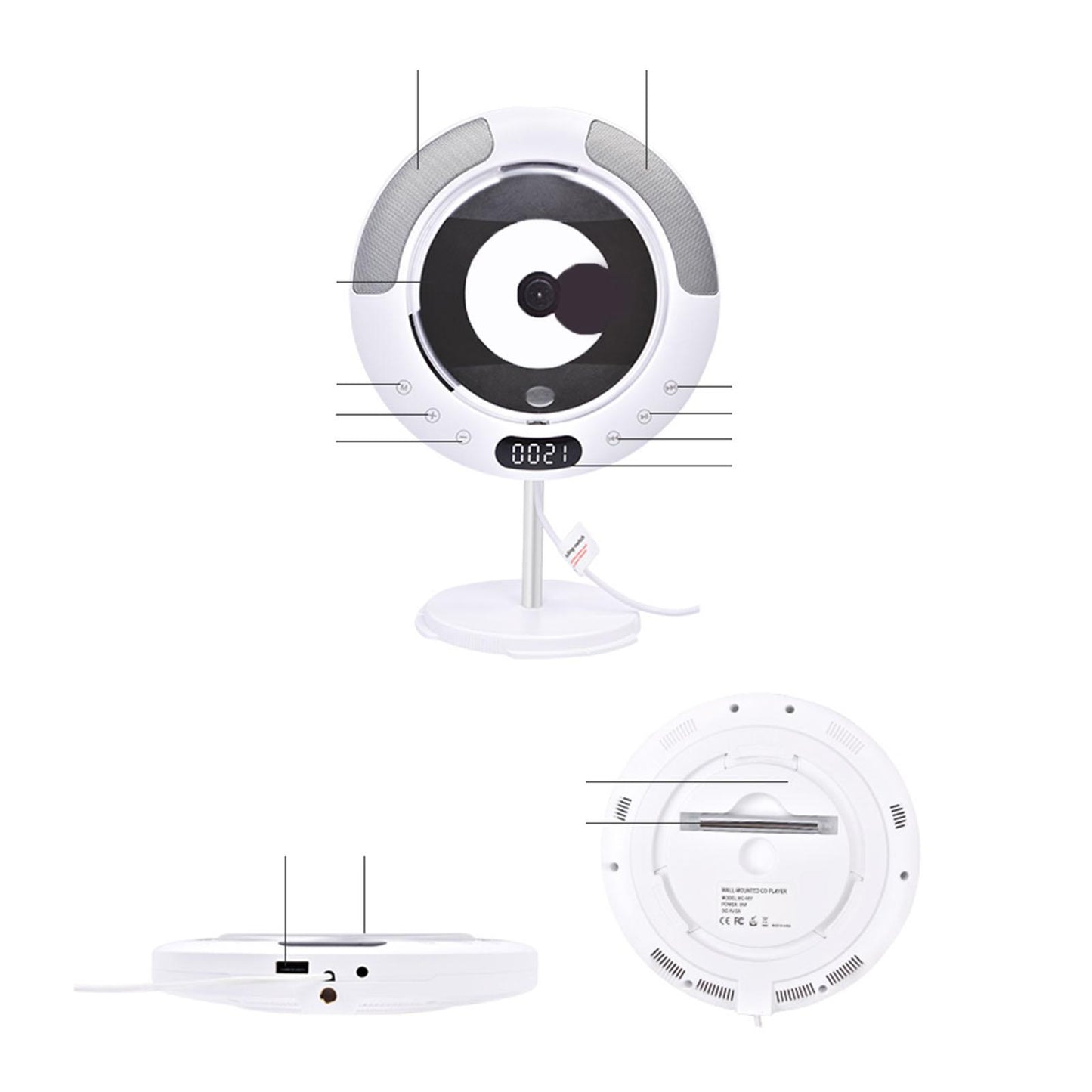 CD Player Portable Built-in Dual Speakers Wall Mountable for Home Decor