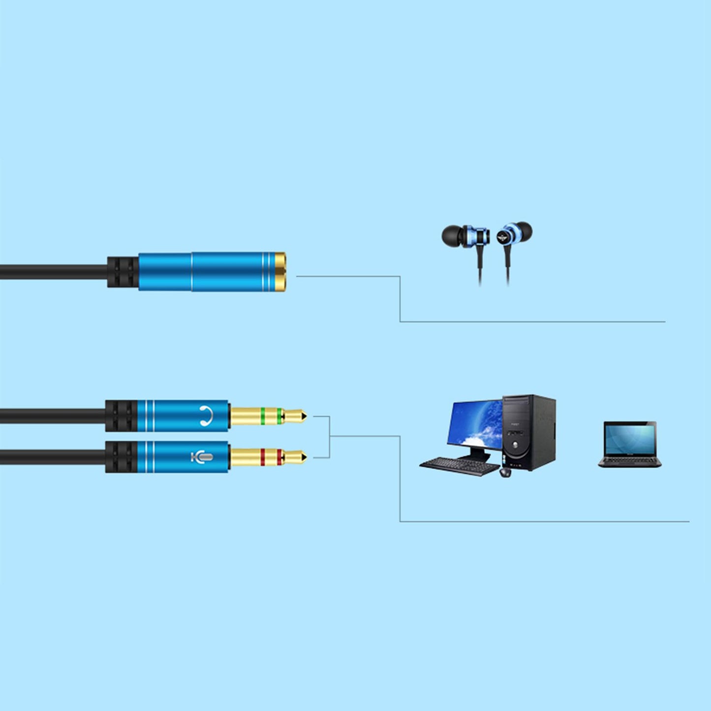 Splitter Audio Cable 0.3M Stereo Cables for Microphone PC Computer Blue