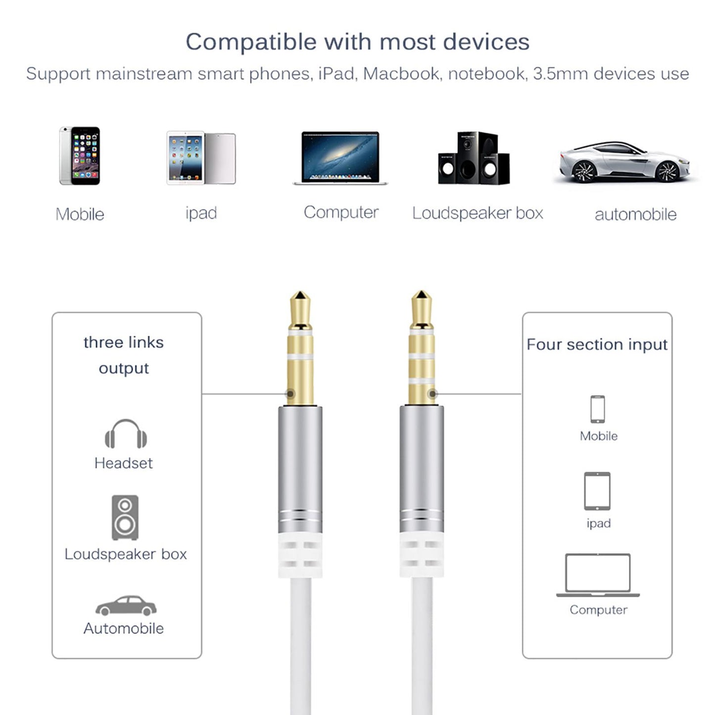 AUX Cable Headset Splitter Extender for Digital Product Silver Gray