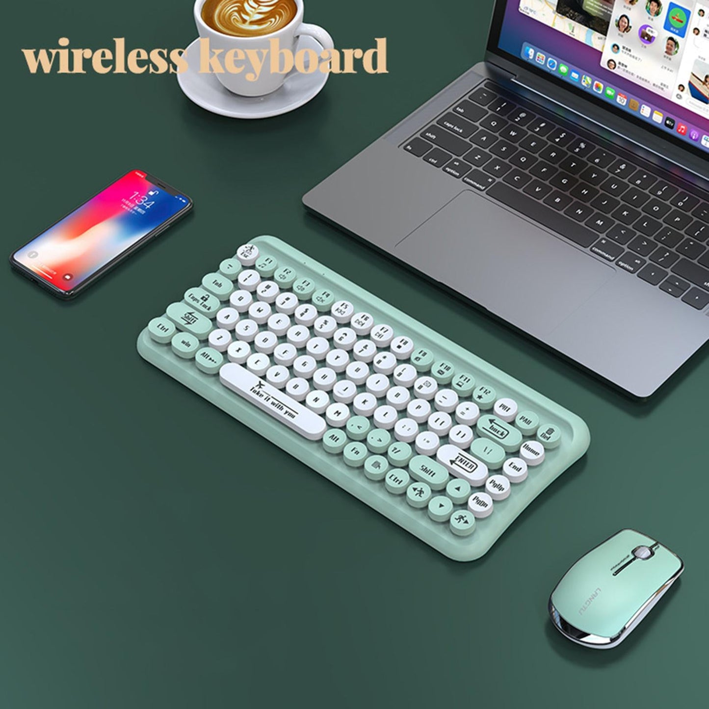2.4G 85 Key Cordless Keyboard Mouse Set Full Size Quiet for PC Laptop Home Green