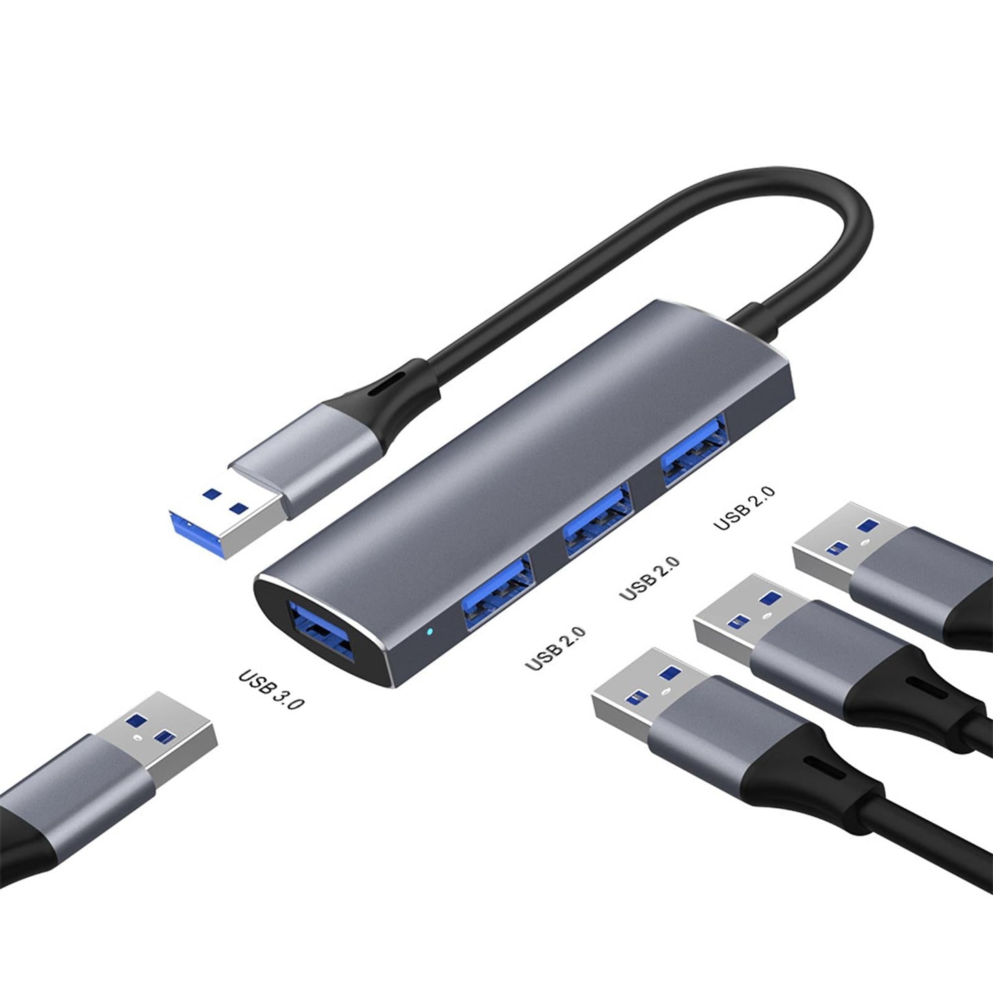 4-in-1 USB-A to USB3.0 Hub Gray 4 Ports Adapter for Laptops Travel USB Fan