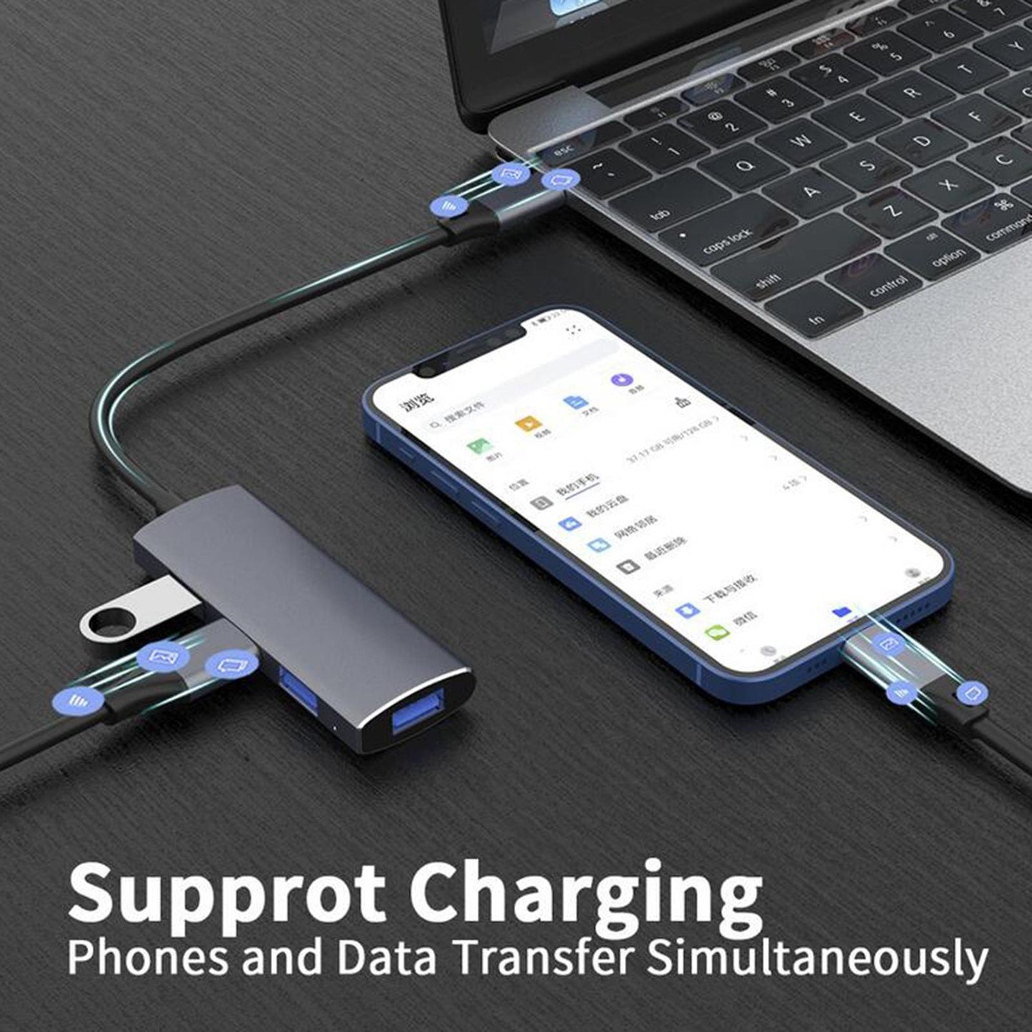4-in-1 USB-A to USB3.0 Hub Gray 4 Ports Adapter for Laptops Travel USB Fan