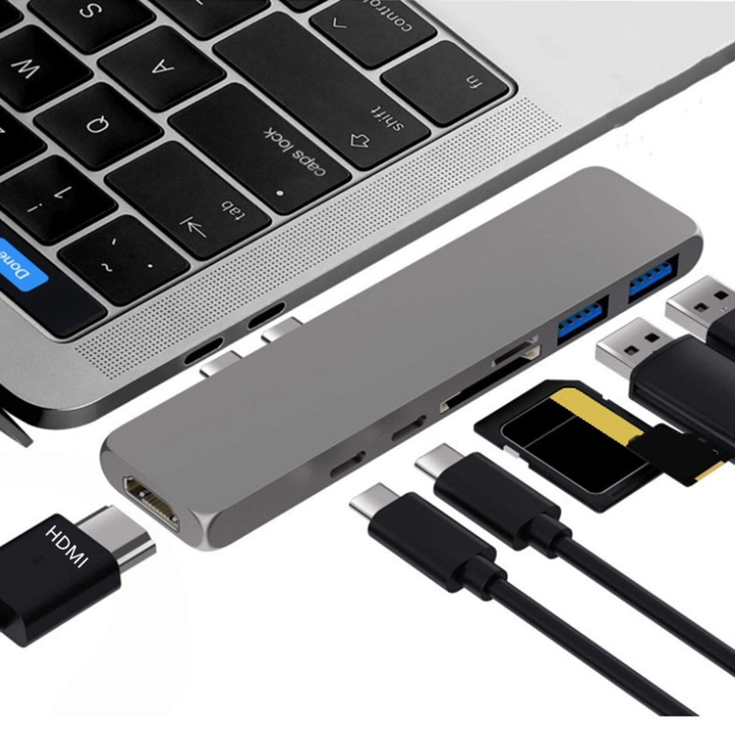 7-in-2 USB-C to USB3.0 Hub Metal-Integrated 7 Ports for Type-C Laptops