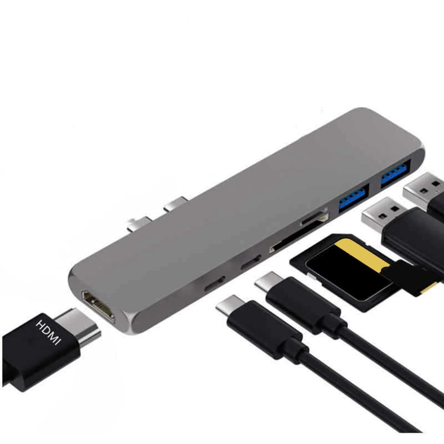 7-in-2 USB-C to USB3.0 Hub Metal-Integrated 7 Ports for Type-C Laptops