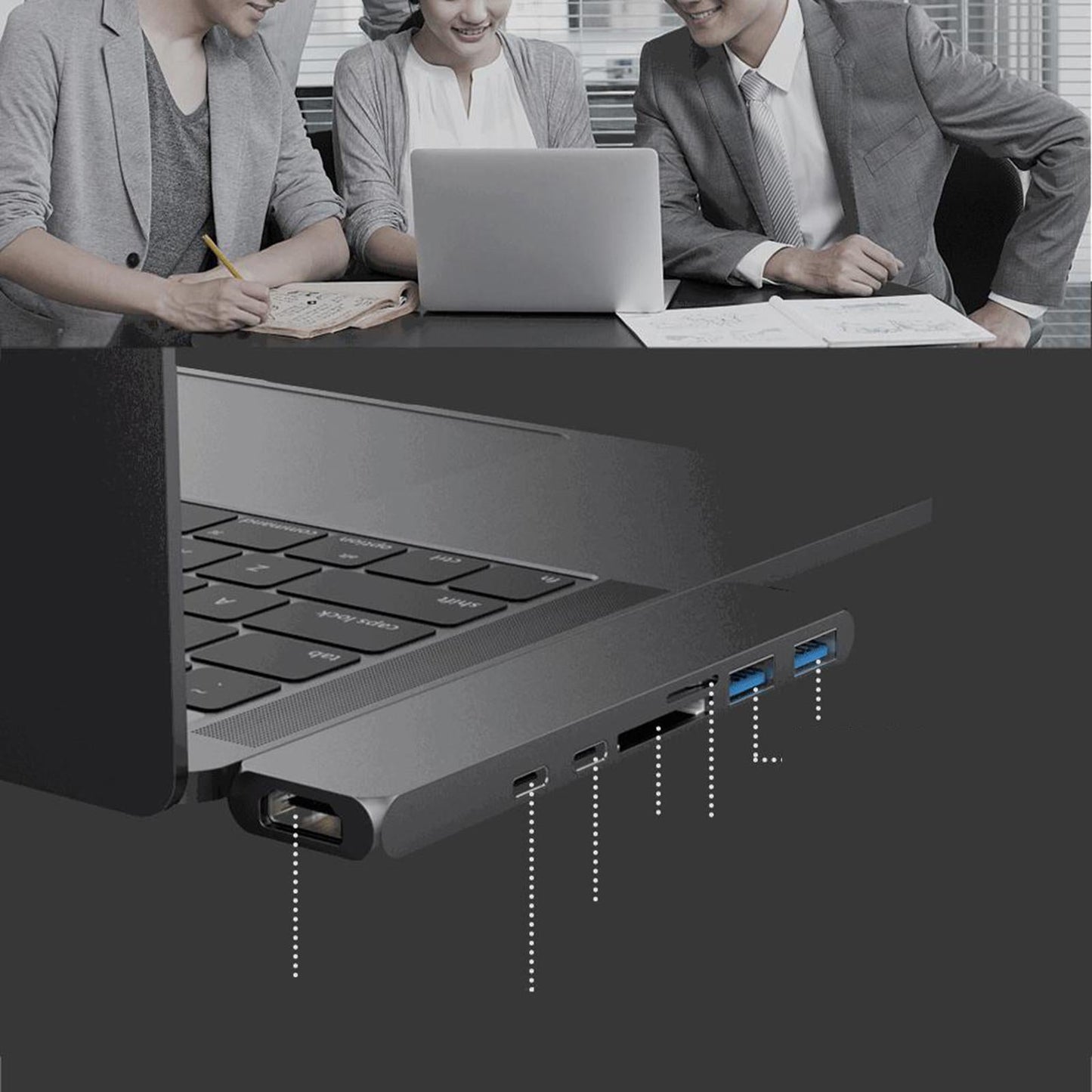 7-in-2 USB-C to USB3.0 Hub Metal-Integrated 7 Ports for Type-C Laptops