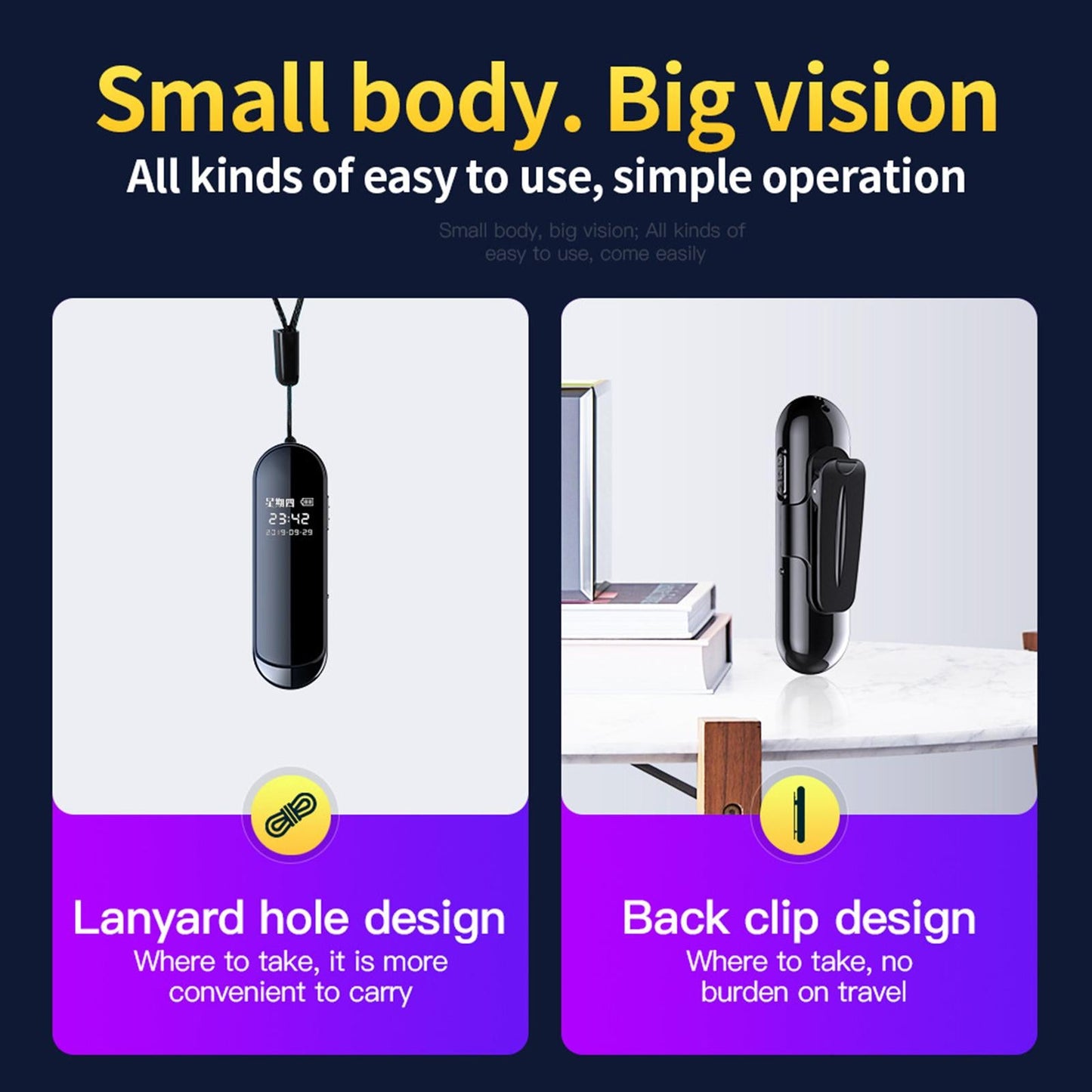 Mini Back Clip Voice Recorder 1080P 300mAh for Meeting Indoor Outdoor 64GB