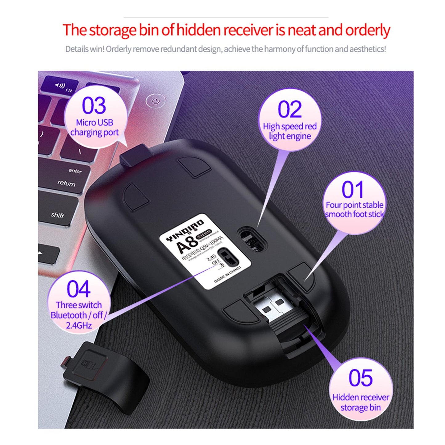 Quiet Wireless Office Mouse for Laptops Bluetoth3.0 and 5.2 2.4GH Silver