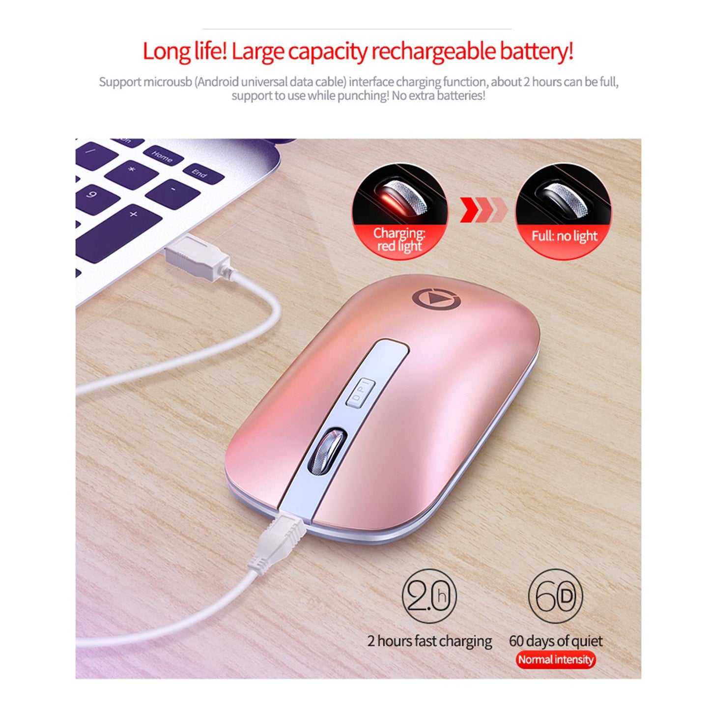 Quiet Wireless Office Mouse for Laptops Bluetoth3.0 and 5.2 2.4GH Silver