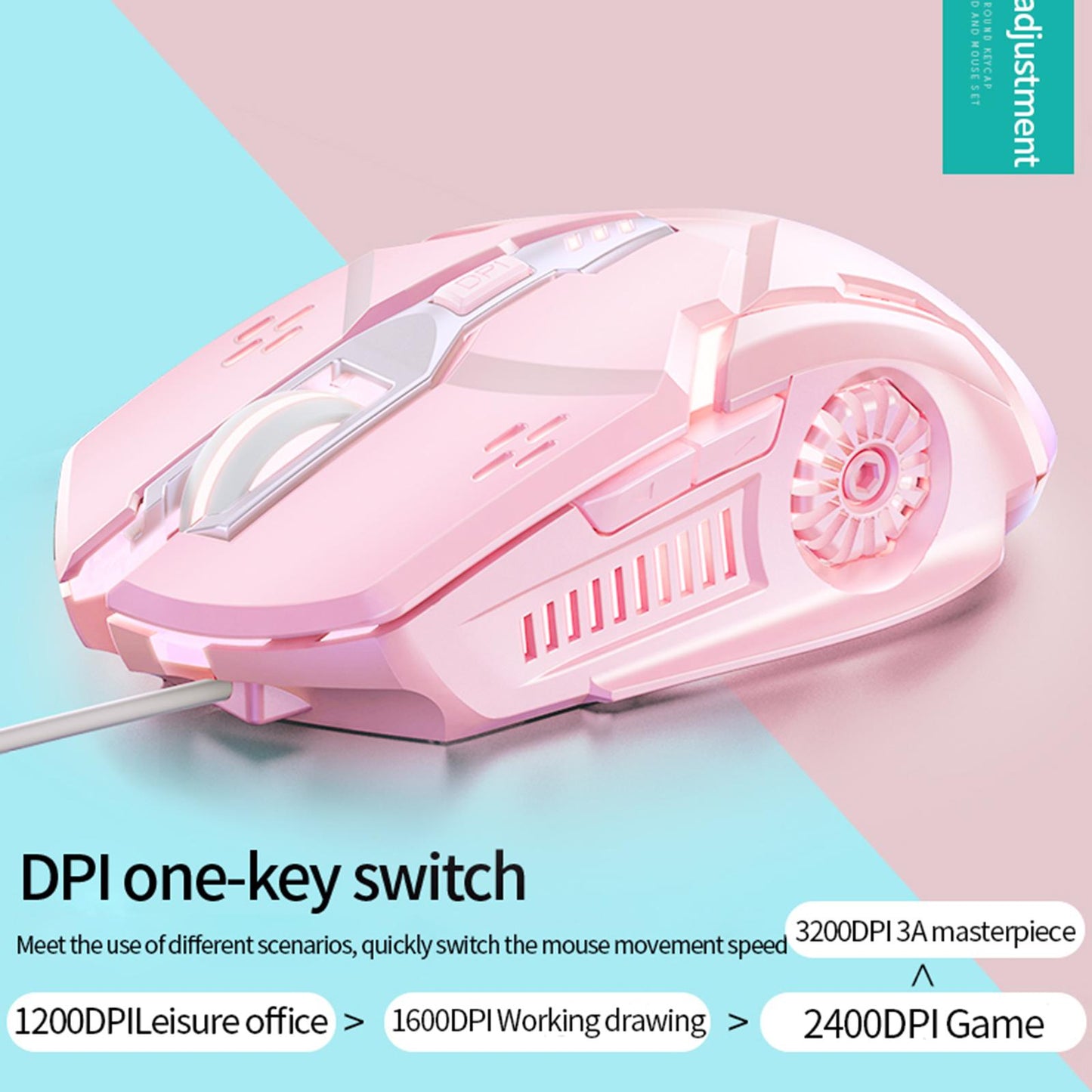 V8 Round Keycaps Gaming Wired Keyboard Mouse for PC Desktop Pink Combo